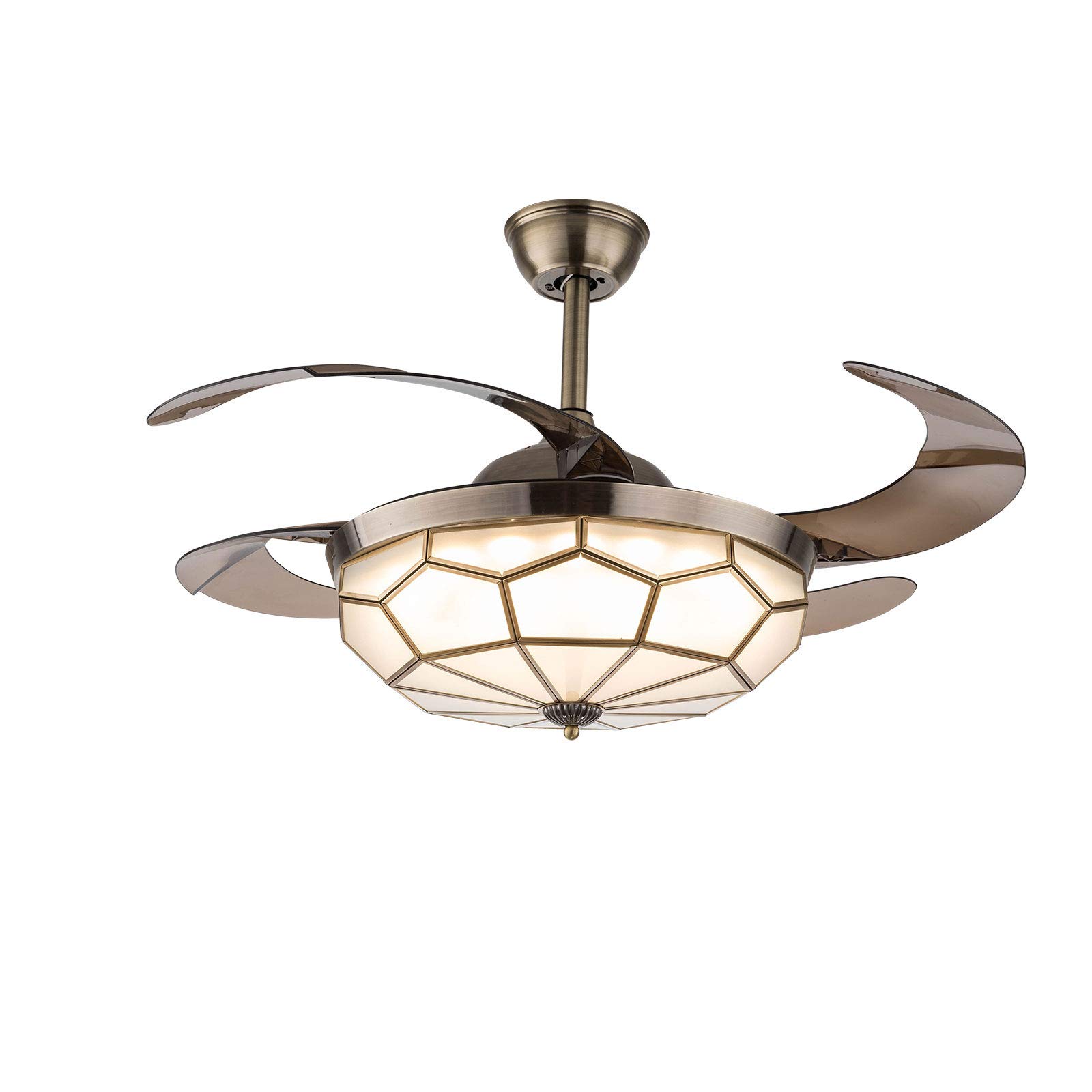 42 Inch Dimmable Ceiling Fan with Light Kit & Remote Control - Adjustable Height, 4 Retractable Blades, Acrylic Lampshade - Golden Modern Chandelier for Bedroom, Living Room & Dining Room
