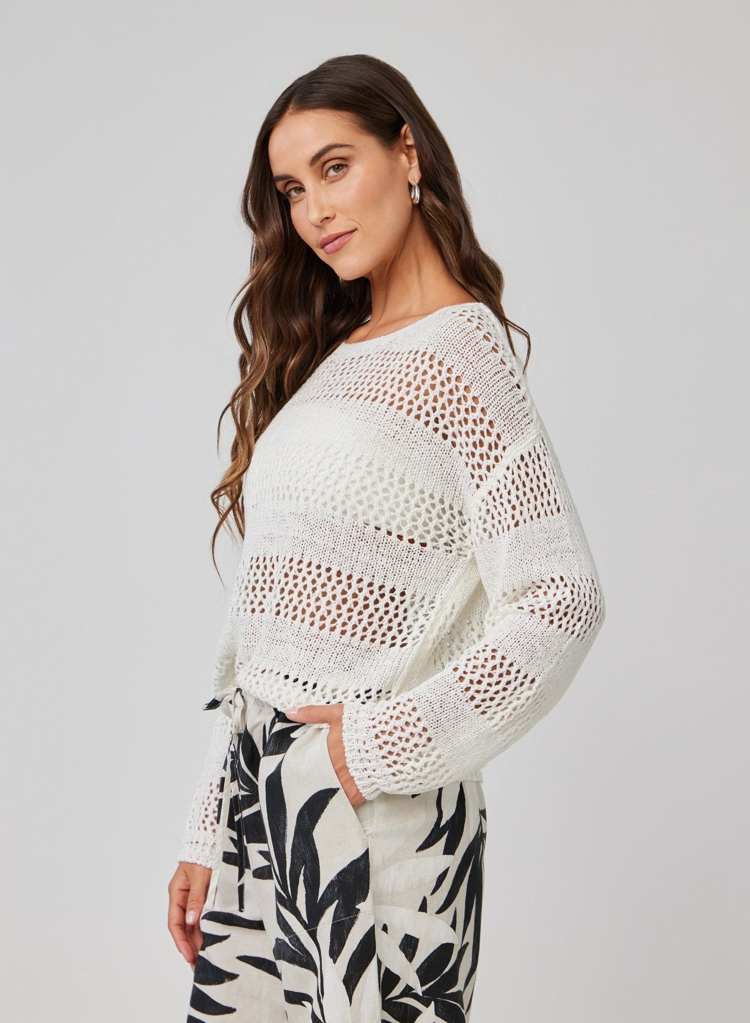 Open Knit Stripe Crewneck Sweater for Women - Soft White Cotton Pullover for Casual Wear, Fall & Winter Fashion, Office & Weekend Outfits