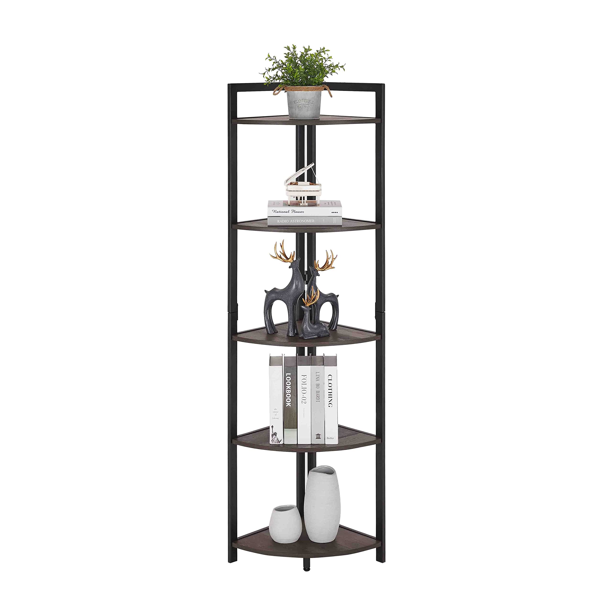 FATORRI 5-Tier Rustic Tall Corner Shelf - Industrial Dark Wood & Metal Bookshelf for Living Room, Home Office - Walnut Brown Corner Plant Stand for Small Spaces & Decor