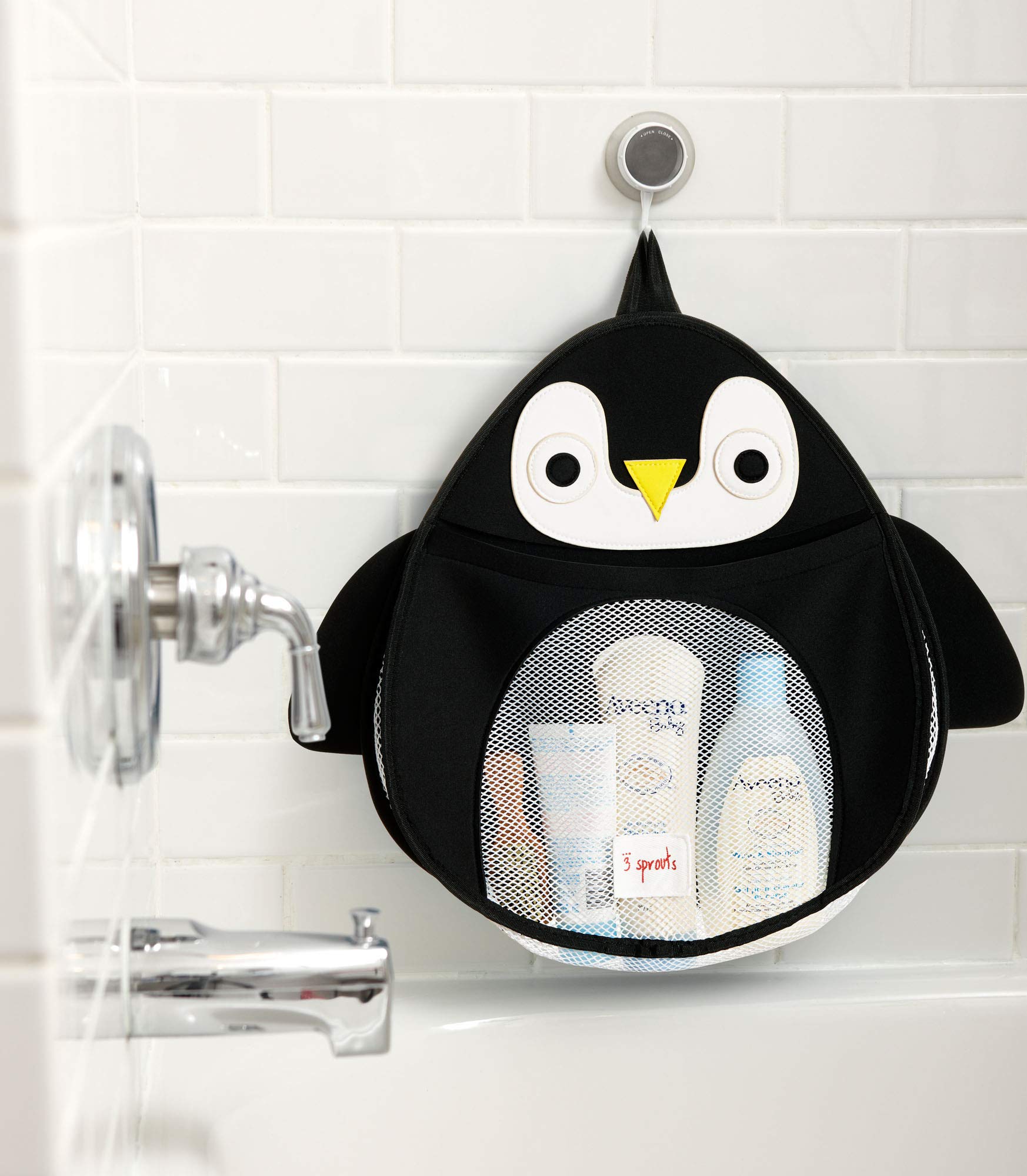 3 Sprouts Hanging Bath Toy Organizer - Waterproof Shower Caddy with Baby Storage for Bathtub Toys - Penguin Design Bathroom Organizer for Kids' Bath Time Fun