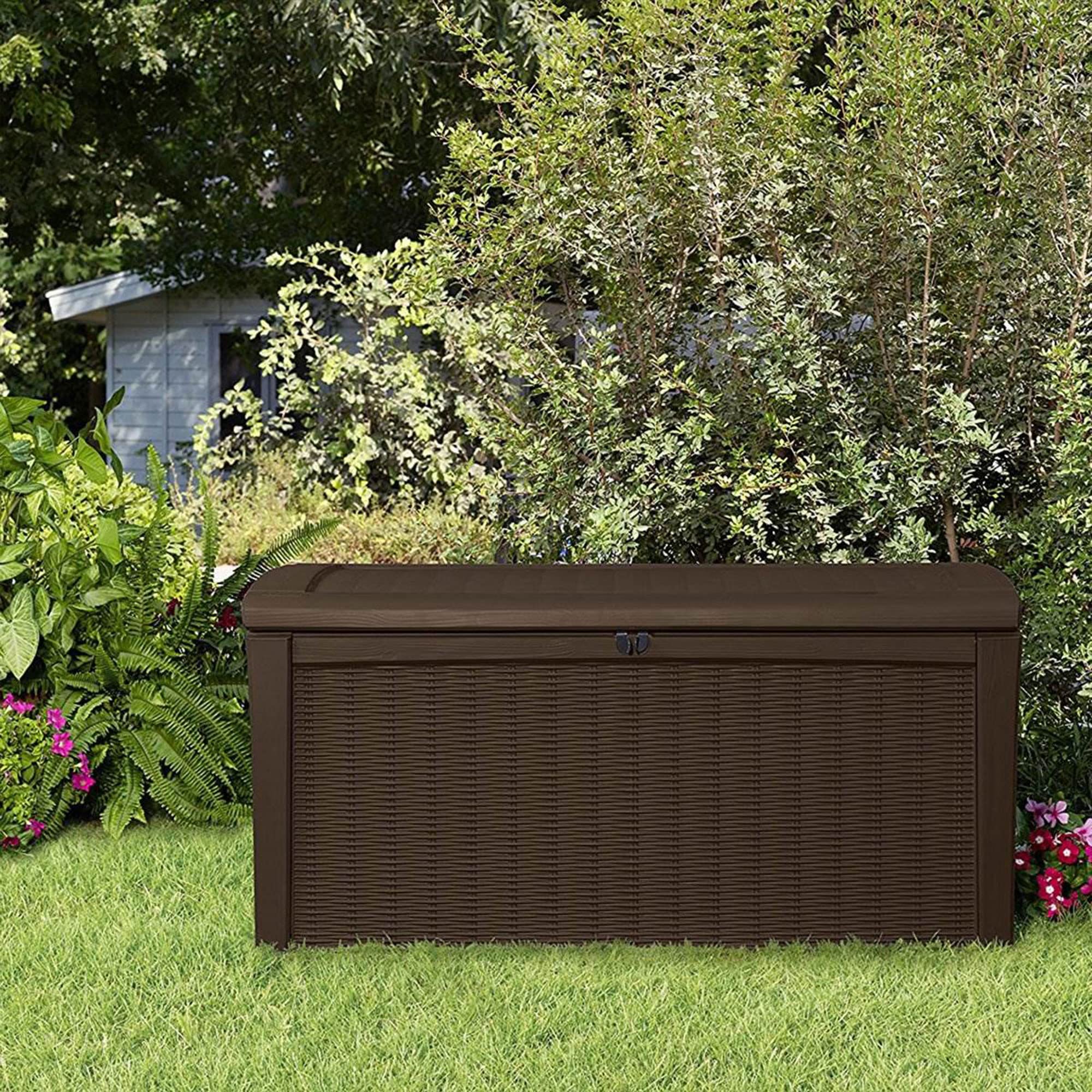 Keter 110 Gallon Outdoor Storage Deck Box - Waterproof Patio Bin for Garden, Pool & Backyard Organization (Borneo Brown) - Perfect for Storing Cushions, Toys & Gardening Tools