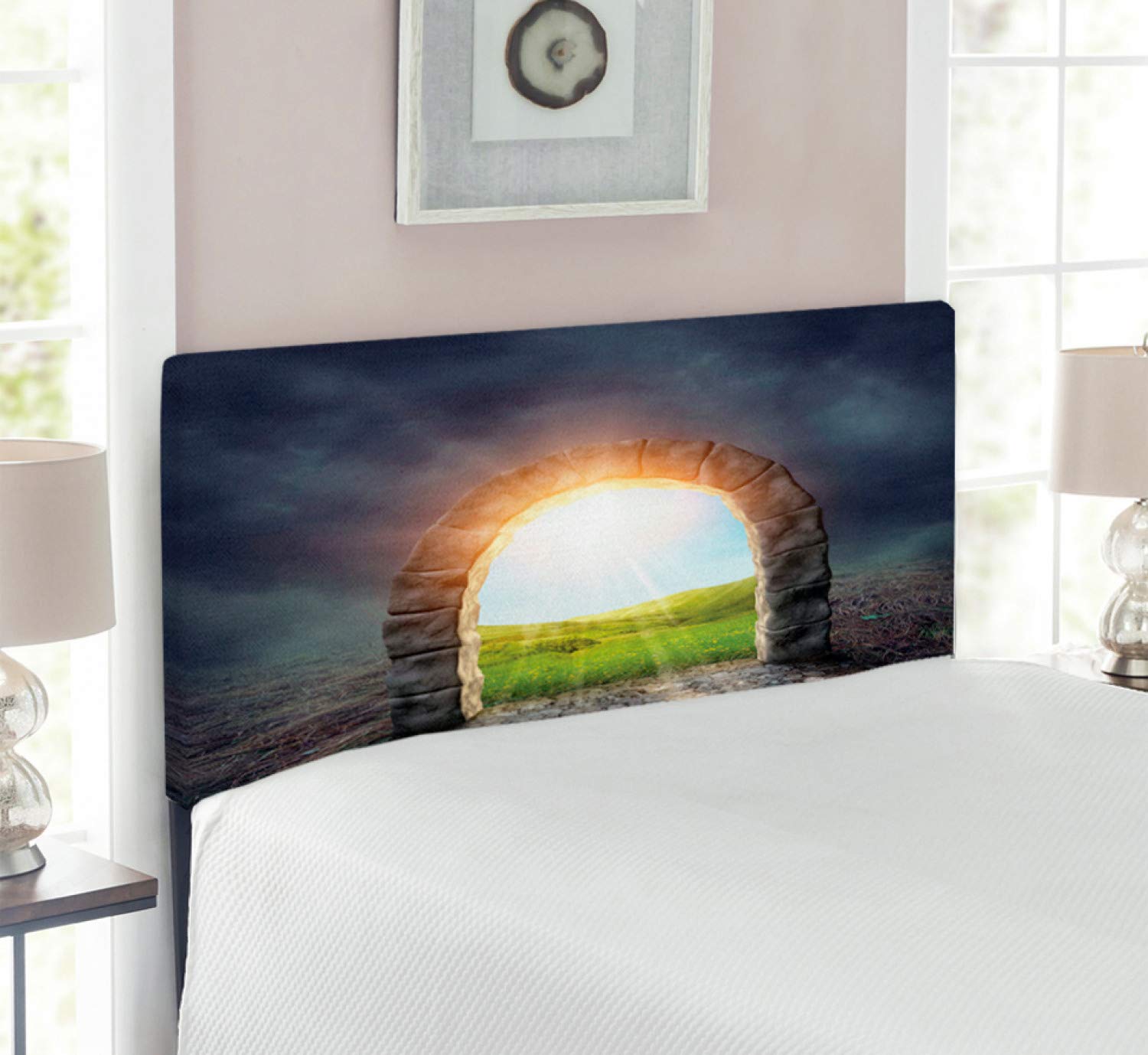 Ambesonne Fantasy Upholstered Headboard - Mysterious Entrance to New Life with Greenland Wildflowers & Sunbeams, Decorative Metal Bed Headboard with Memory Foam, Twin Size, Green & Yellow | Perfect for Bedroom Decor, Guest Rooms & Fantasy-Themed Interiors