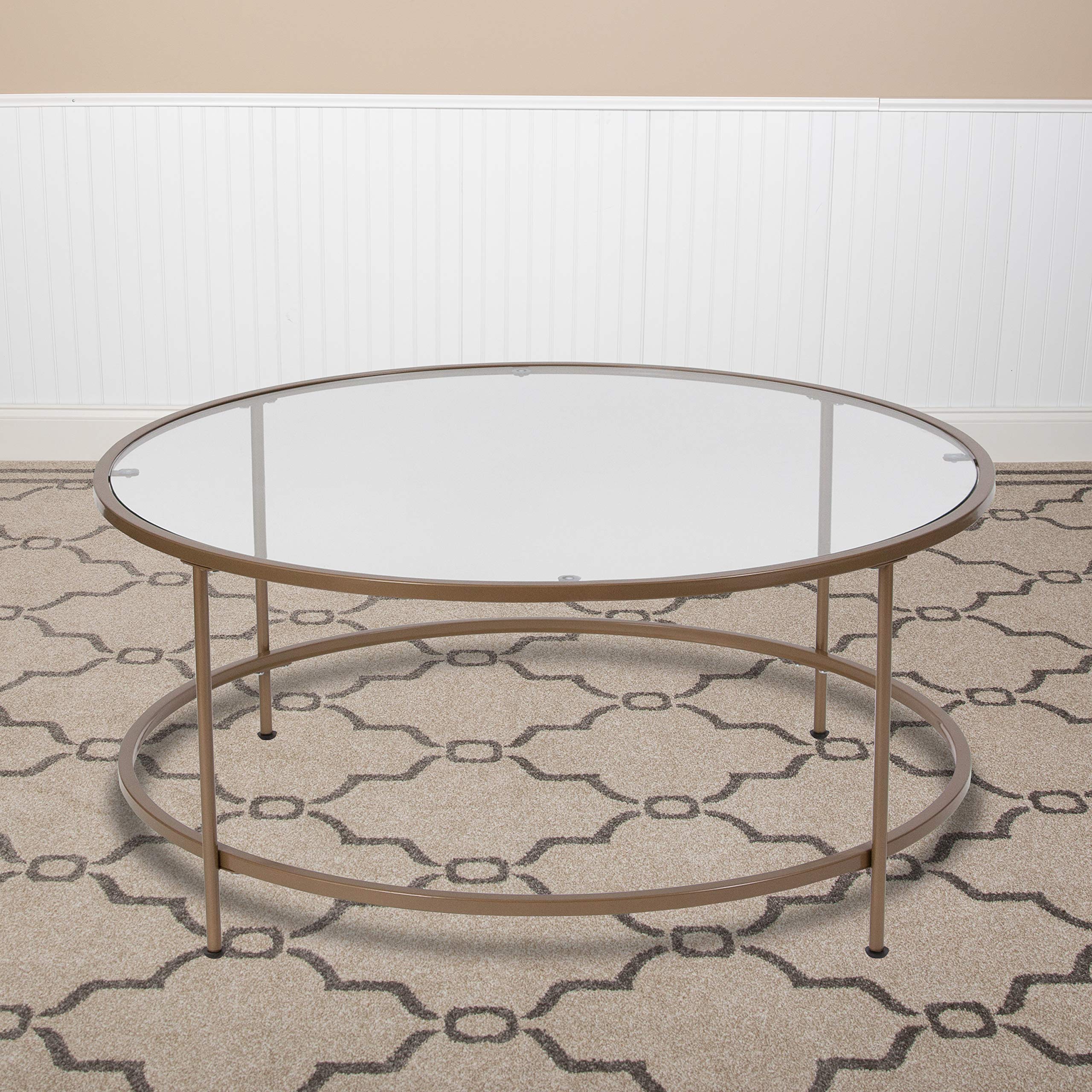 Flash Furniture Astoria Collection Round Coffee Table - Modern Clear Glass Top with Brushed Gold Frame - Perfect for Living Room, Office & Lounge Decor