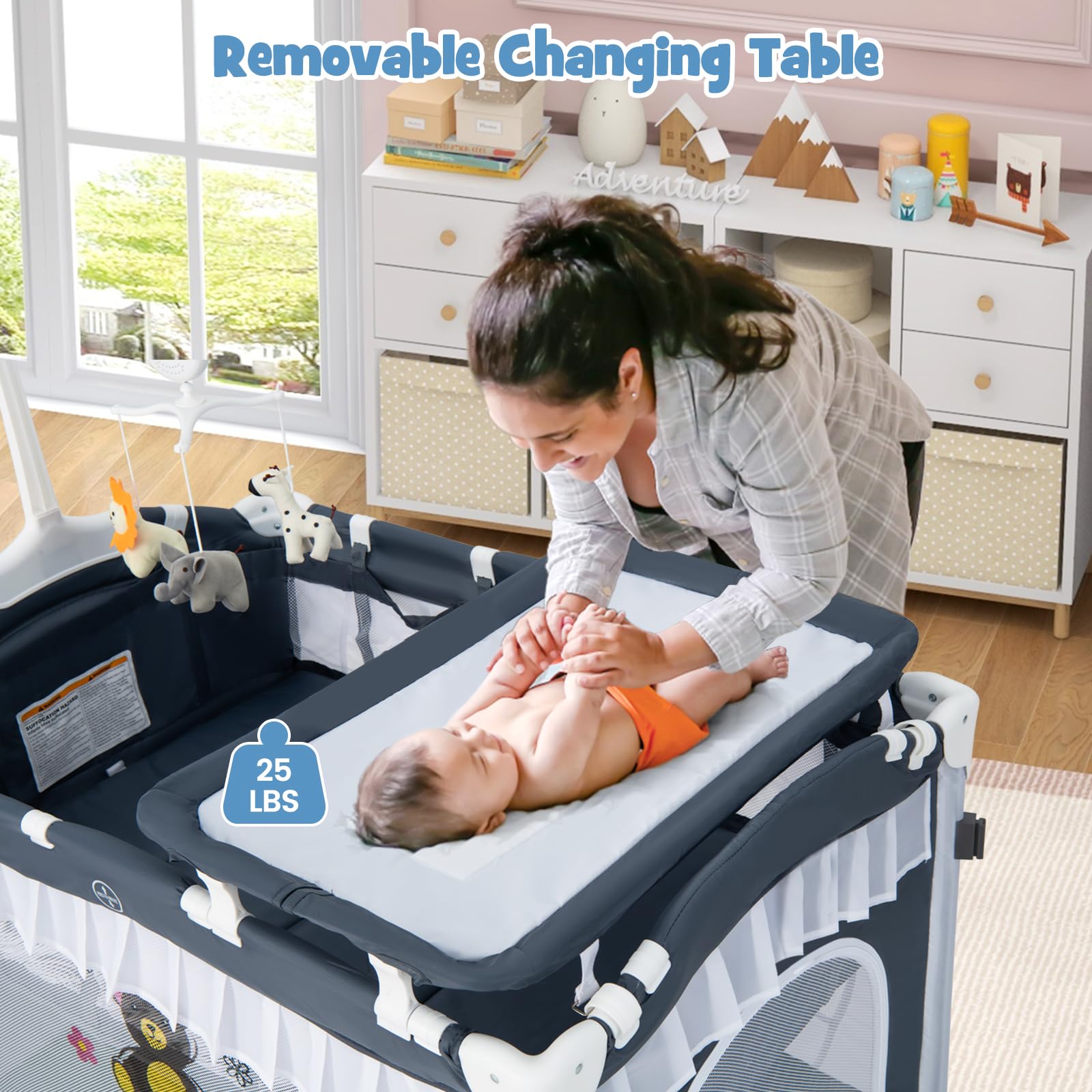 BABY JOY 4-in-1 Portable Playard with Canopy & Bassinet - Foldable Baby Crib with Wheels & Brake for Newborn to Toddler - Perfect for Nursery, Travel & Playtime (Pink)