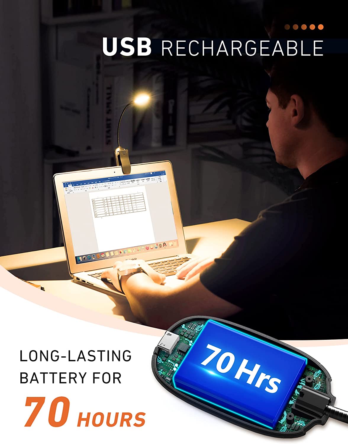 Rechargeable LED Book Light with 3 Color Temperatures - Clip On Reading Lamp for Night Reading, Studying, Travel - USB Powered Adjustable Brightness Light for Books, Kindle, Bedside Use