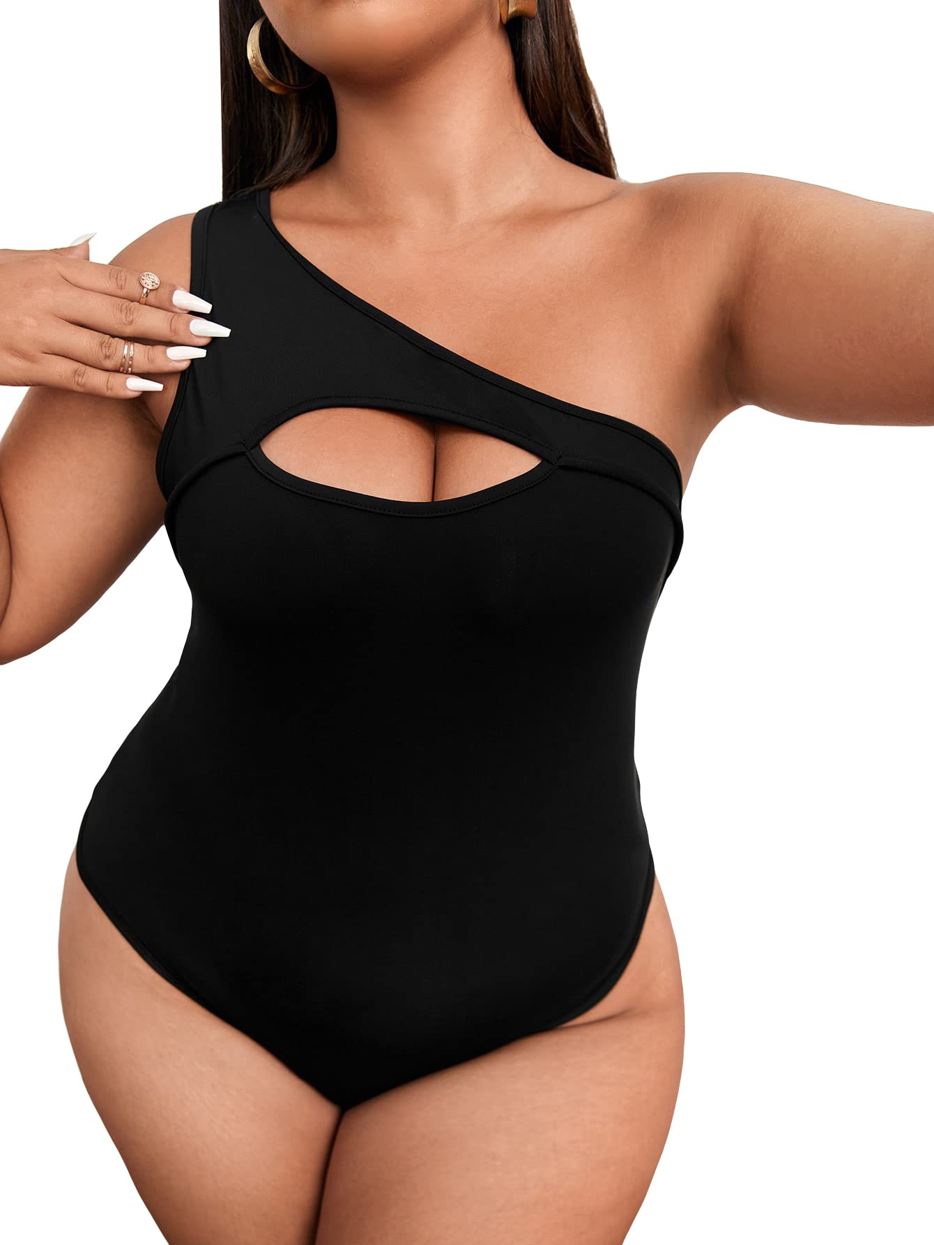 Milumia Women's Plus Size Casual One Shoulder Cut Out Sleeveless Bodysuit Top - Sexy Summer Outfit for Beach, Party & Night Out
