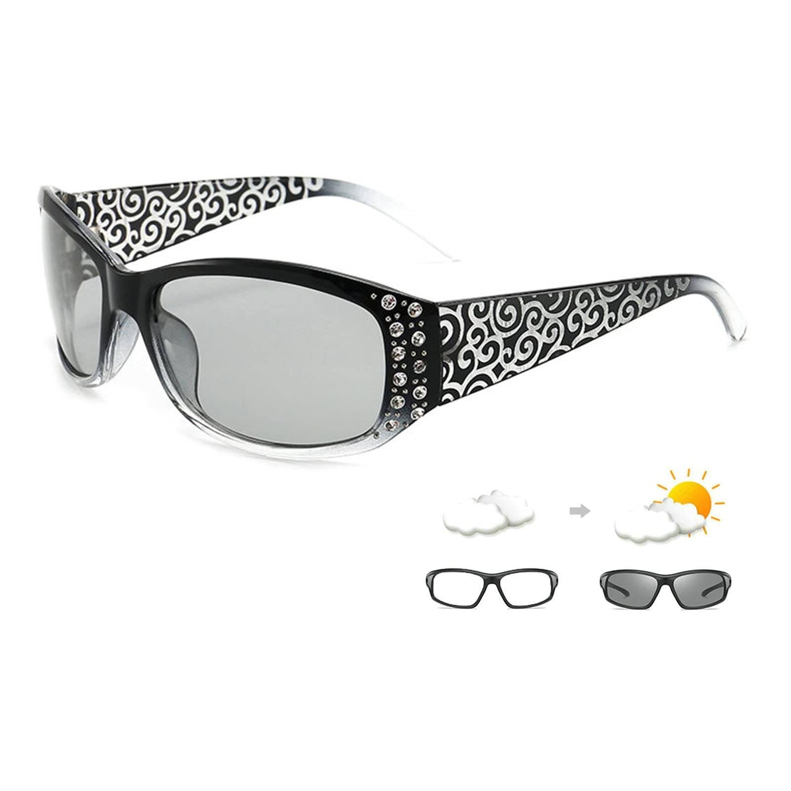 Photochromic Bifocal Reading Glasses for Women - Round Crystal Rhinestone Frame with Color Changing Lenses | Perfect for Indoor/Outdoor Reading, Shopping & Daily Use