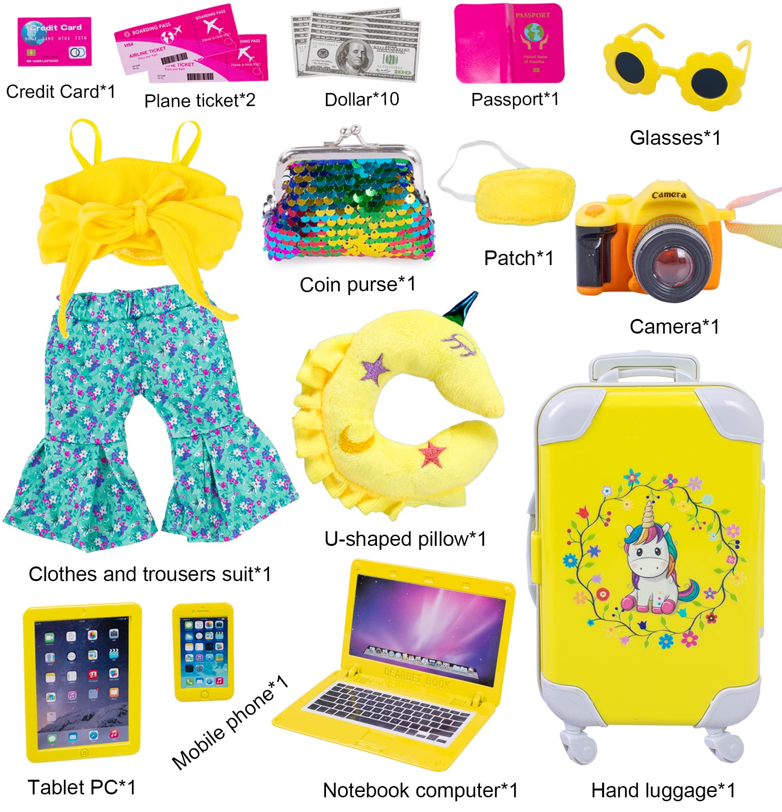 18 Inch Doll Clothes & Accessories Travel Set with Unicorn Luggage Suitcase - Outfit for American Girl Dolls & 18