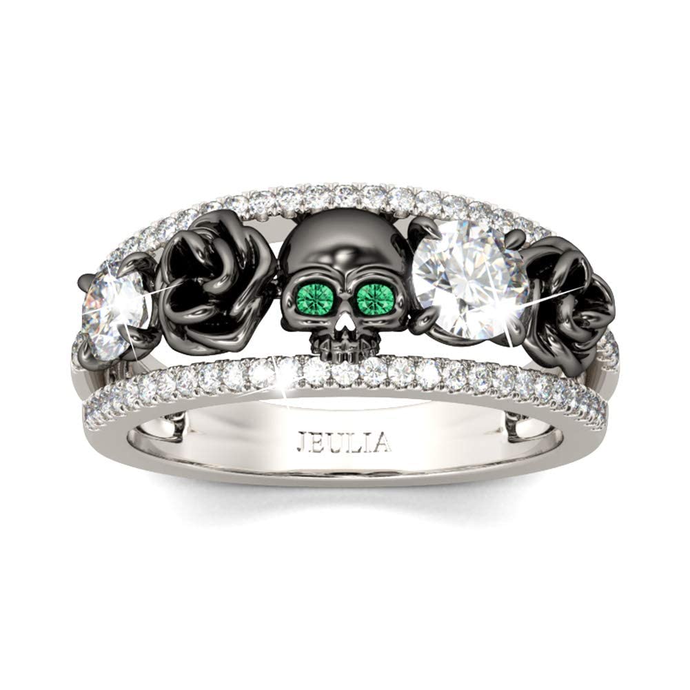 Jeulia Sterling Silver Skull Rings for Women & Men - Round Cut Diamond & Emerald Birthstone CZ Black Plated Floral Wedding Band, Promise & Anniversary Ring with Jewelry Box | Perfect for Gothic Fashion, Engagement Gifts & Alternative Wedding Jewelry