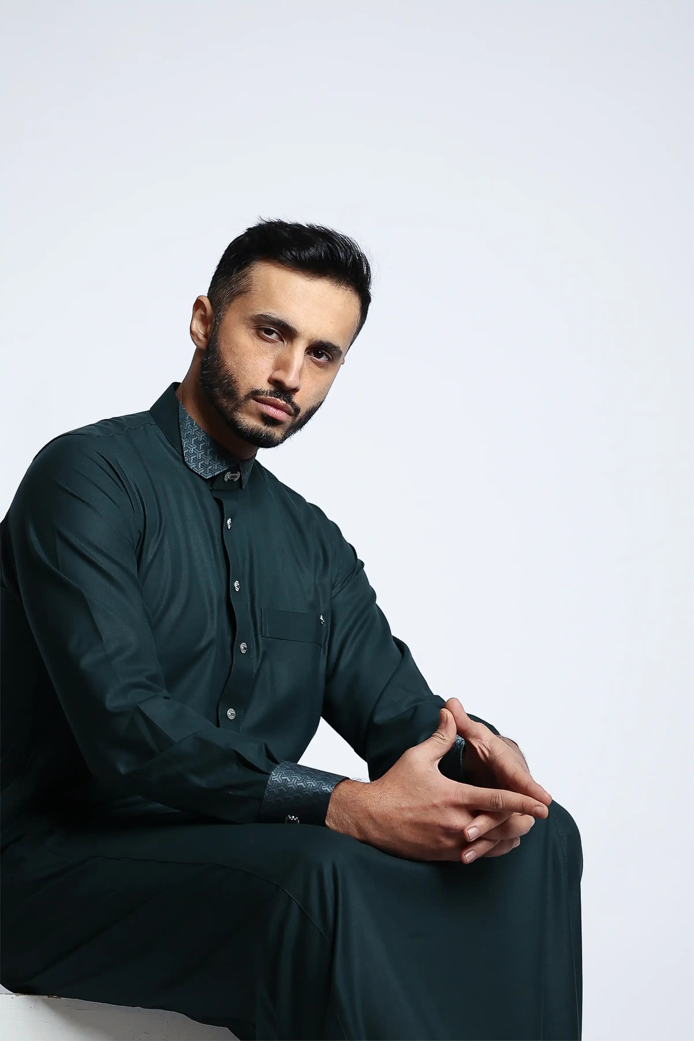 J153 Storm Green Cutaway Thobe - Premium Islamic Robe for Men | Comfortable & Stylish Prayer Dress for Mosque, Eid, and Daily Wear