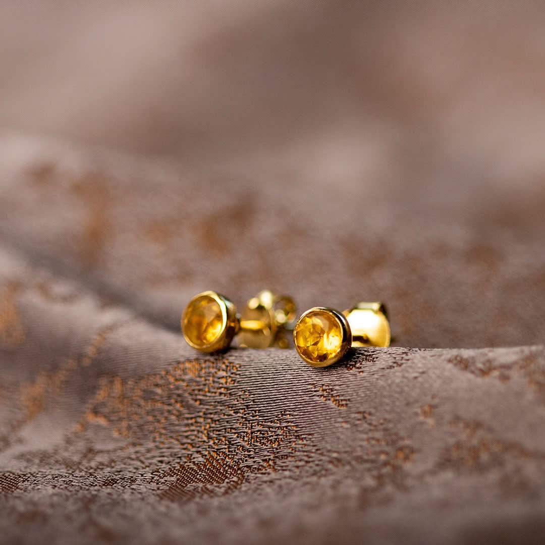 Natural Citrine Mini Stud Earrings 14K Gold Plated | November Birthstone Jewelry for Women | Perfect for Gifts, Parties & Everyday Wear