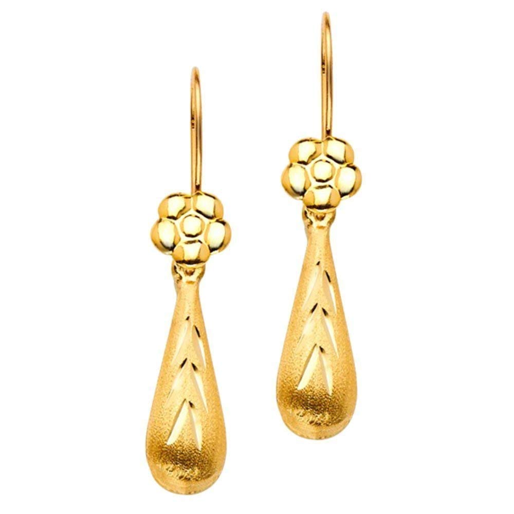 14K Yellow Gold Tear Drop Flower Dangle Earrings for Women - Elegant Everyday Jewelry for Casual Wear, Date Night & Special Occasions