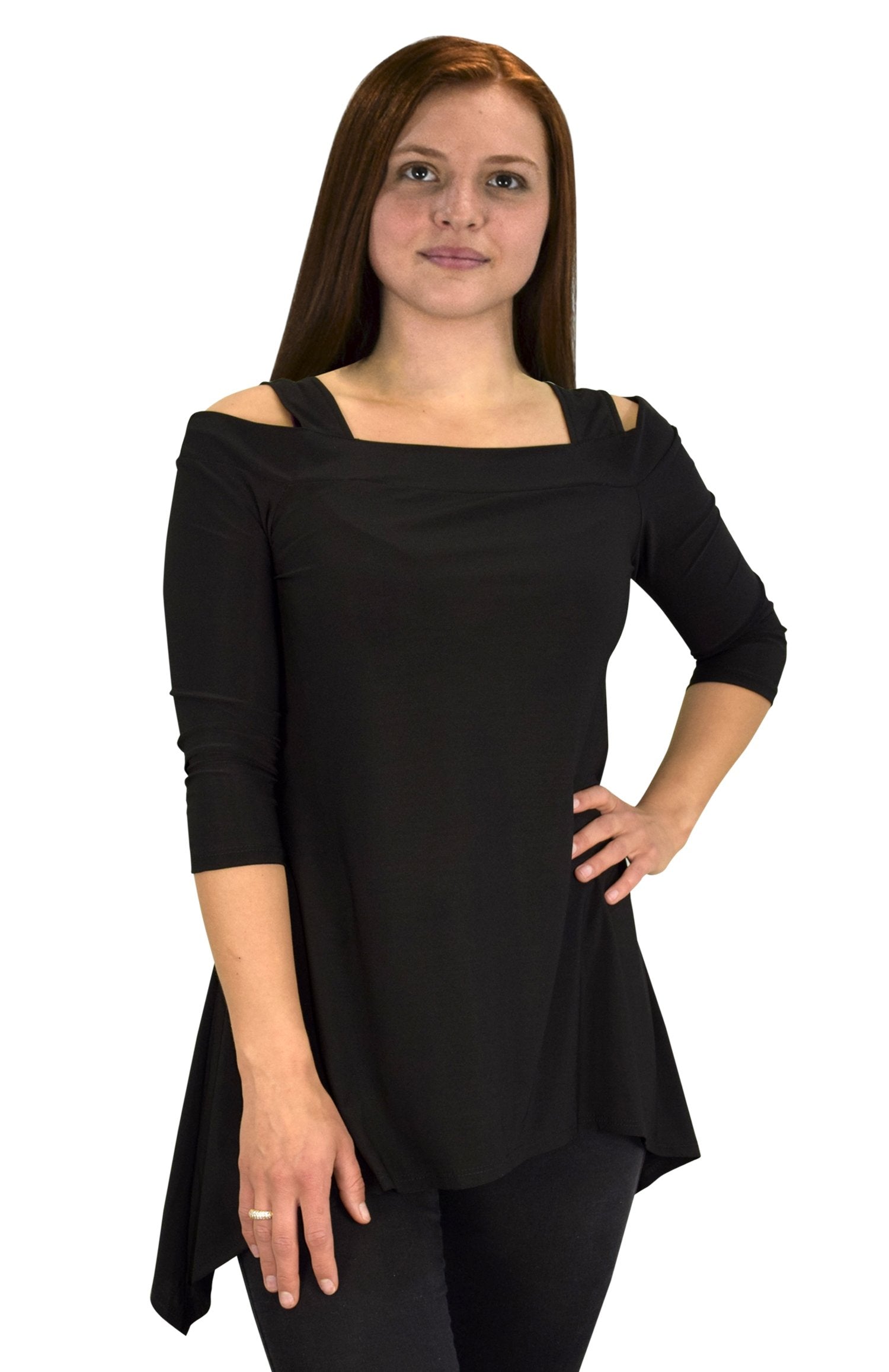 Women's Fashion Cut Out Shoulder 3/4 Sleeve Loose Fit Blouse Top - Casual Office Wear & Summer Outfits