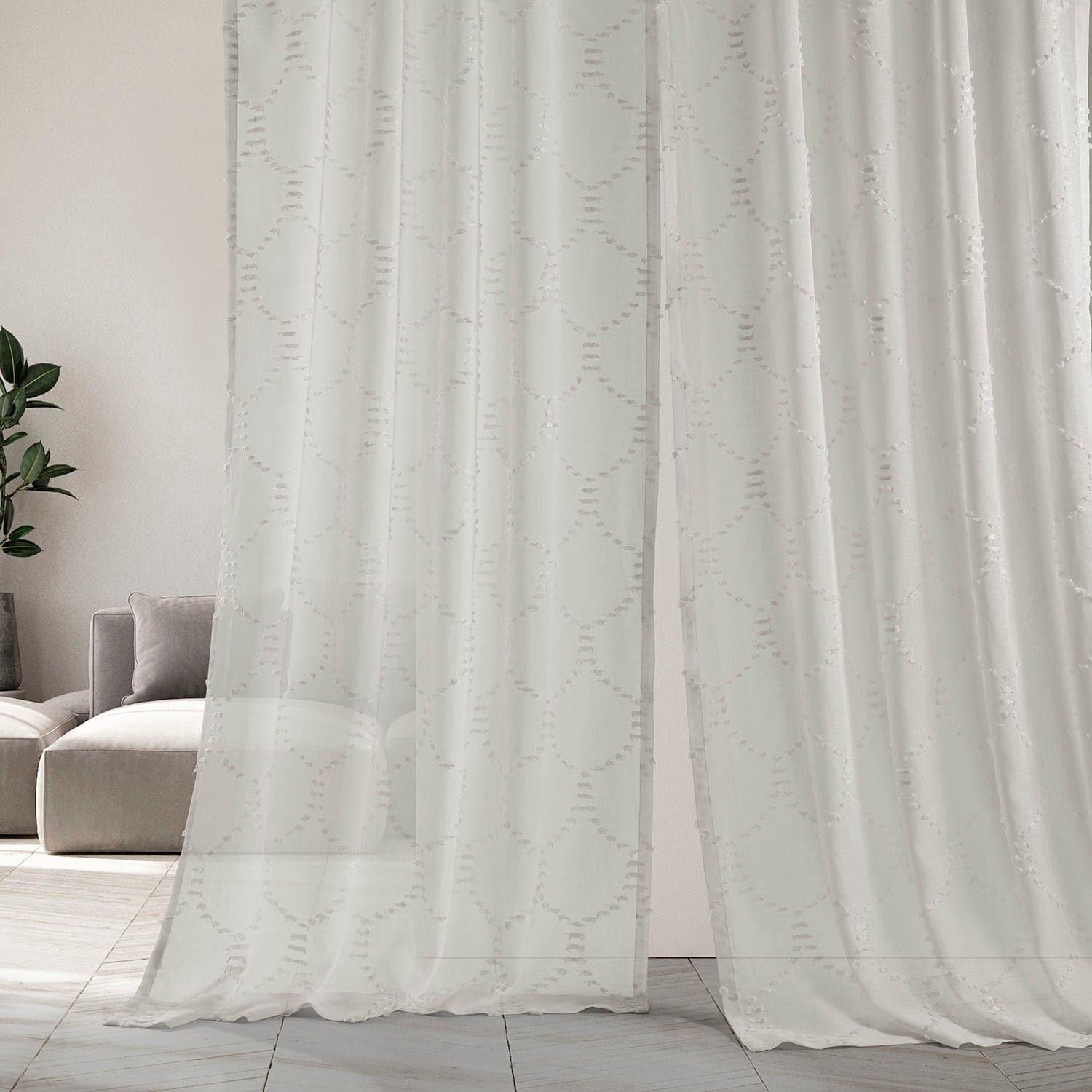 Geometric Pattern Sheer Curtains - Faux Linen Window Drapes with Marseille Shell Design for Living Room, Bedroom & Office Decor