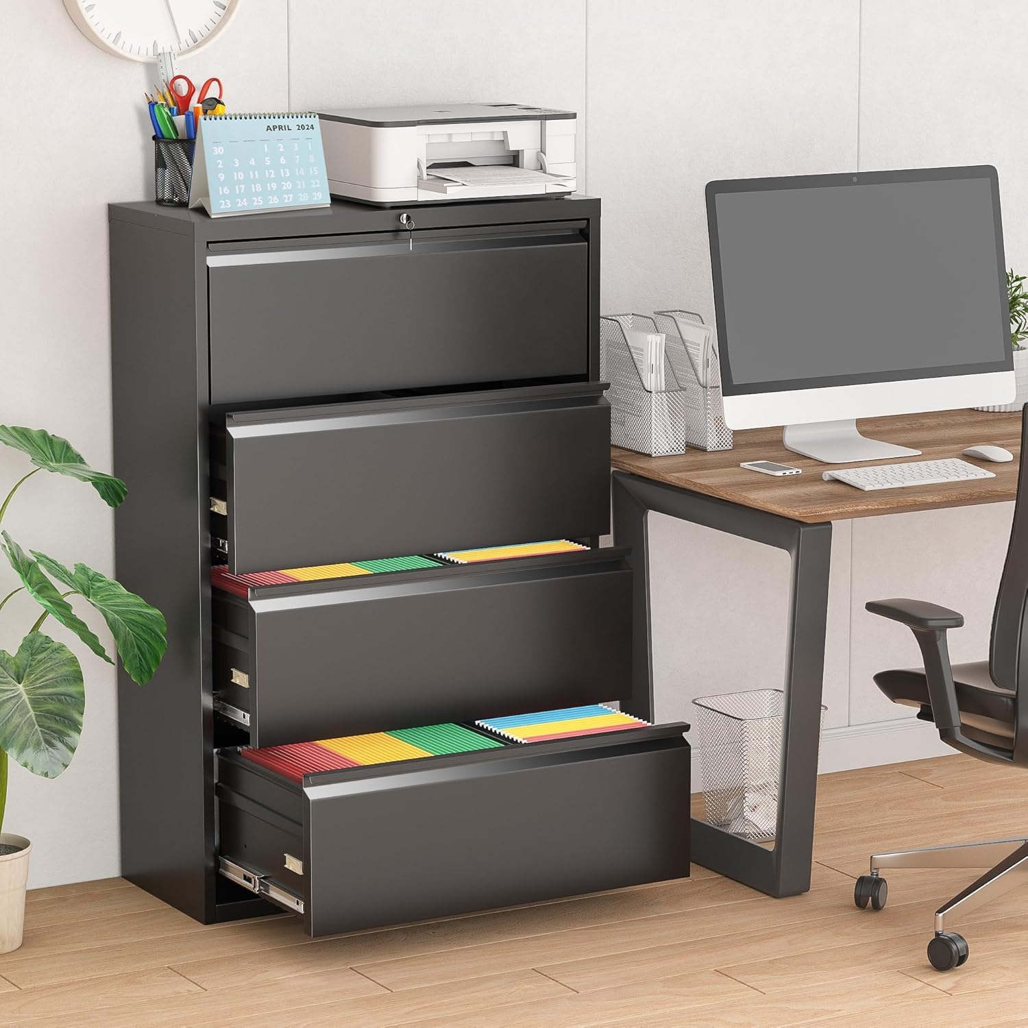 Greenvelly 4-Drawer Lockable Metal Filing Cabinet for Home Office - Black Letter/Legal/A4/F4 Size File Cabinet with Hanging Bars & Key - Perfect for Document Organization in Small Offices, Home Workspaces, and Professional Settings
