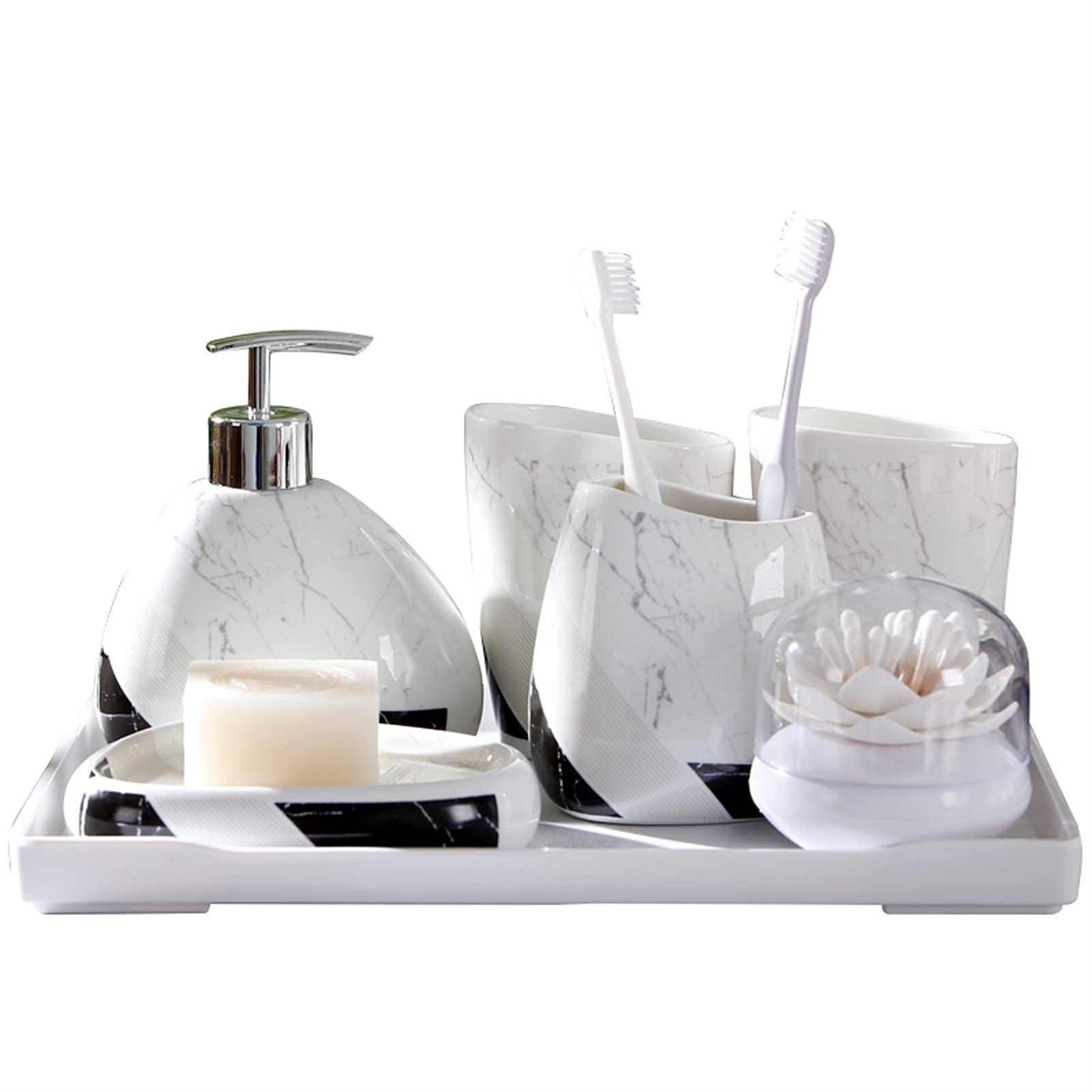 Refillable Ceramic Hand Soap Dispenser Set - Elegant Liquid Soap & Lotion Bottle for Bathroom, Kitchen & Hotel Use | Includes Soap Dish, Toothbrush Holder & Cotton Swab Organizer | Perfect for Home, Spa & Guest Bathroom Essentials