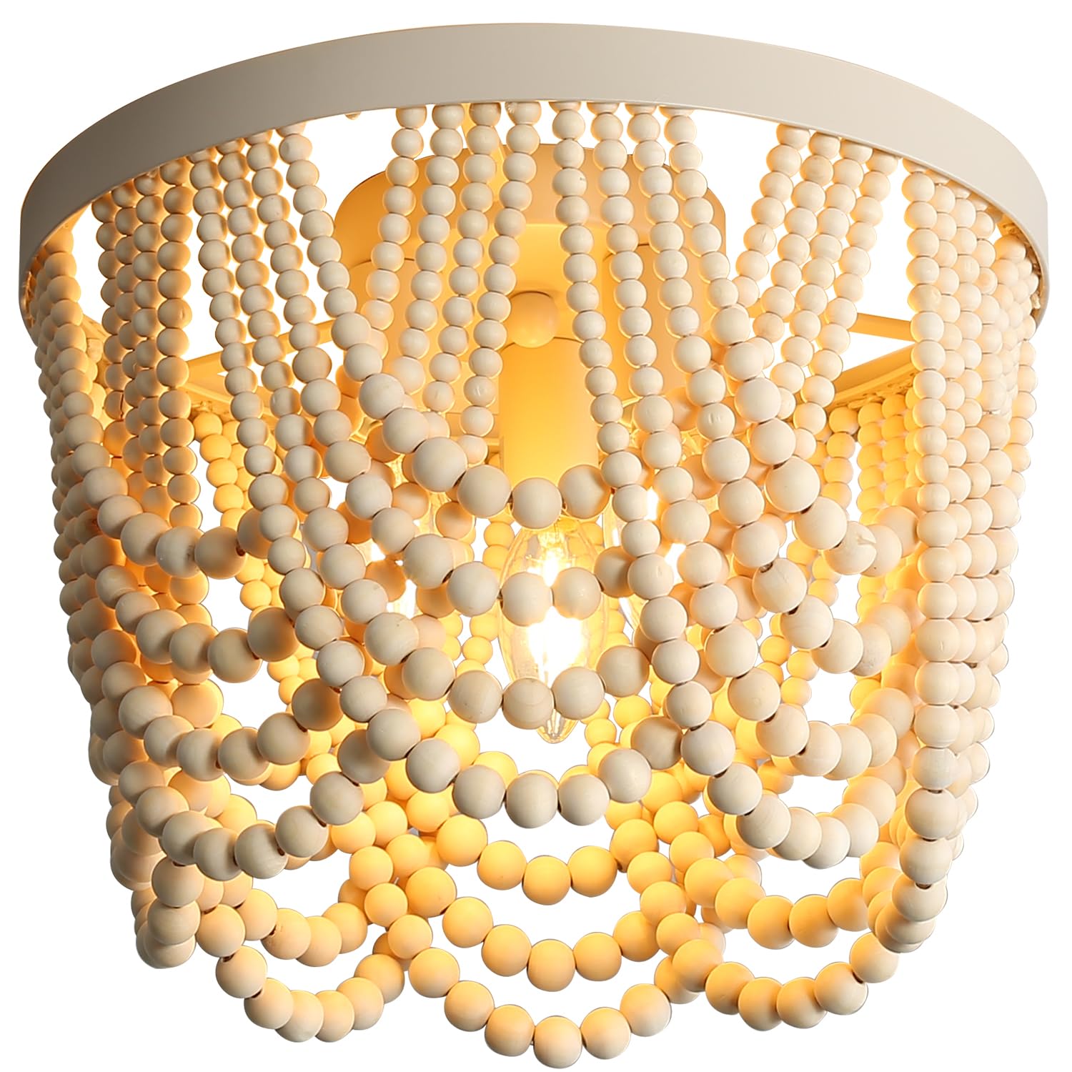 Bohemian Wood Beaded Chandelier - 3 Light Recessed Mount Ceiling Lamp in Antique Rustic Finish | Perfect for Dining Room, Bedroom, Nursery, Hallway & Entryway Decor | Creates Cozy Bohemian Ambiance