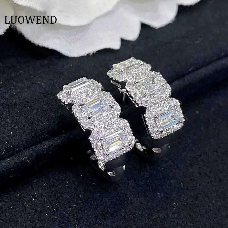 18K White Gold Diamond Hoop Earrings for Women - Real Natural Shiny E-Shaped Wedding & Engagement Jewelry - Perfect for Bridal, Anniversary, and Special Occasion Gifts