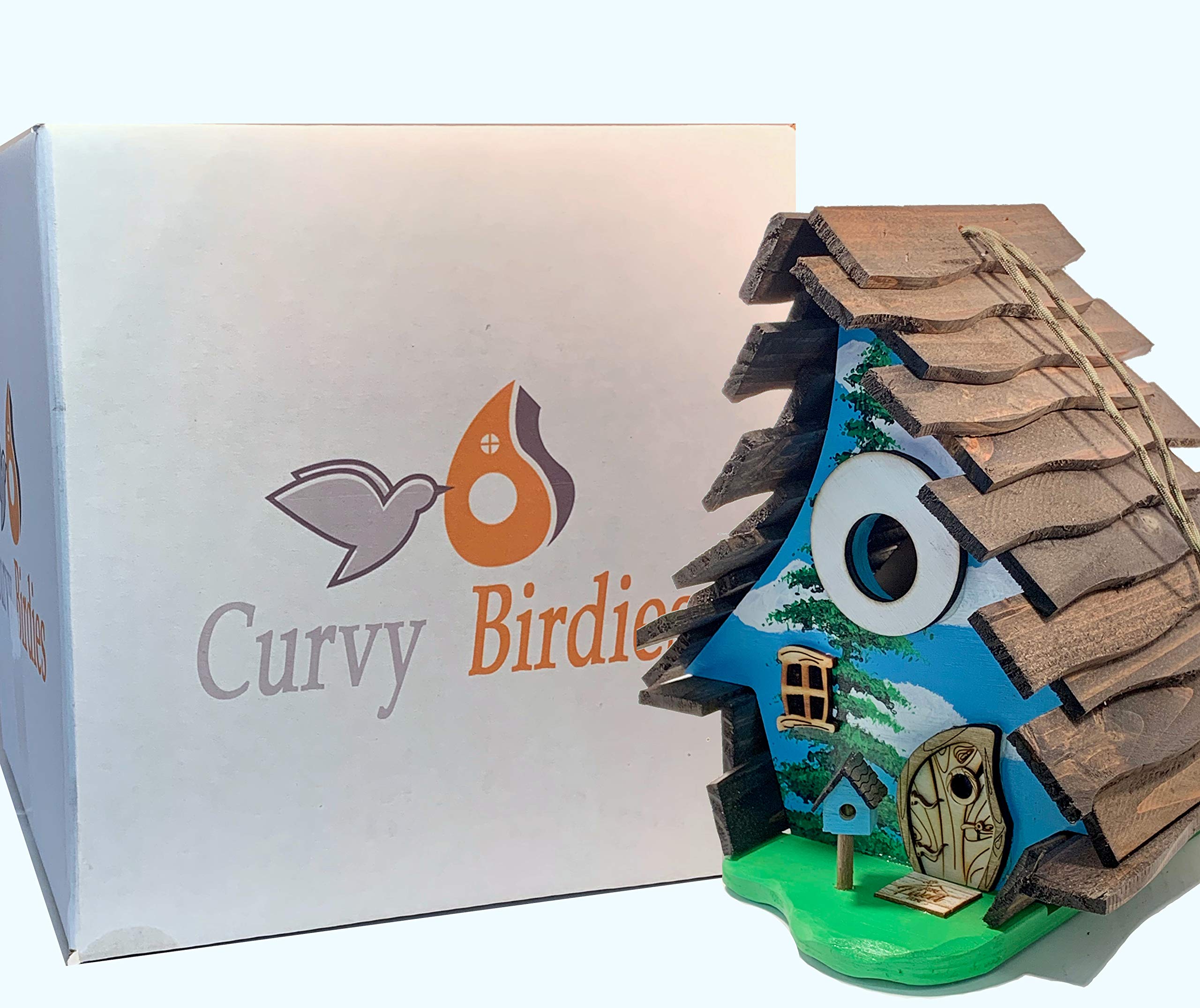 Blue Bird House for Outside Hanging - Weatherproof Wooden Birdhouse with Happy Tree Design - Attract Wild Birds to Your Garden, Backyard or Patio