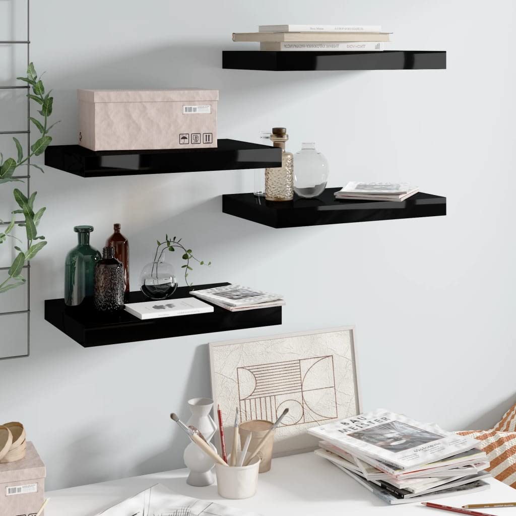 CHARMMA Floating Shelves Set of 4 - 15.7x9.1x1.5 Inch Wall Mounted Shelves for Home Decor, Rustic Wood Style MDF Shelves with High Gloss Black Finish - Perfect for Bedroom, Bathroom, Living Room, Kitchen & Laundry Room Storage & Display