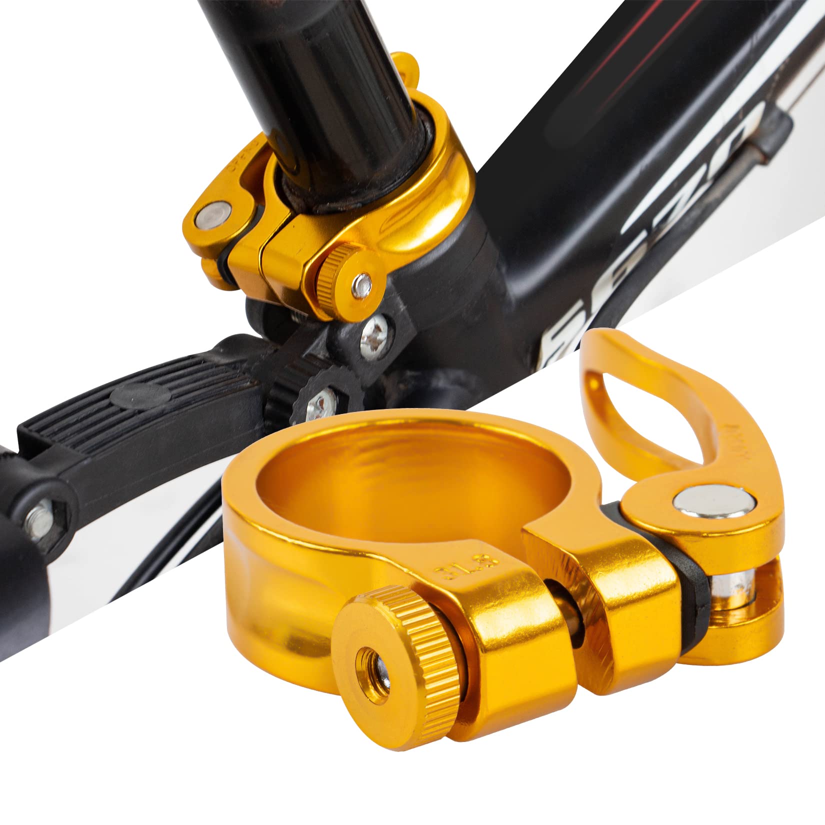 PSLER 31.8mm Bike Seat Post Clamp Quick Release - Mountain, Road & Casual Bicycle Seatpost Clamp (Yellow) - Perfect for MTB, Commuting & Urban Cycling