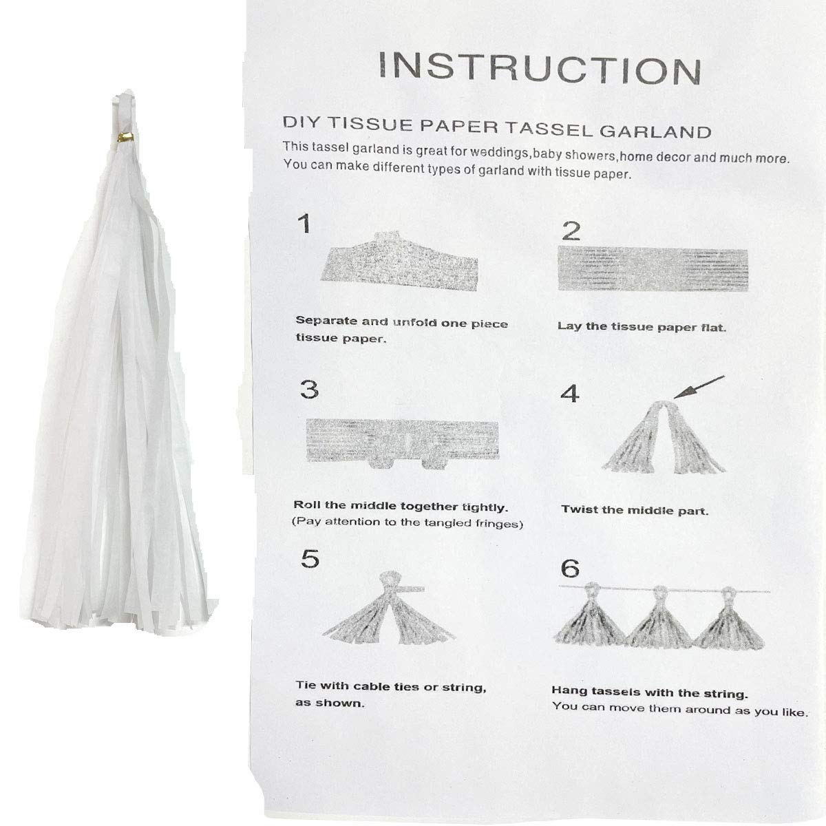 White Tissue Paper Tassel Garland - Party Wedding Decor for Baby Shower & Nursery
