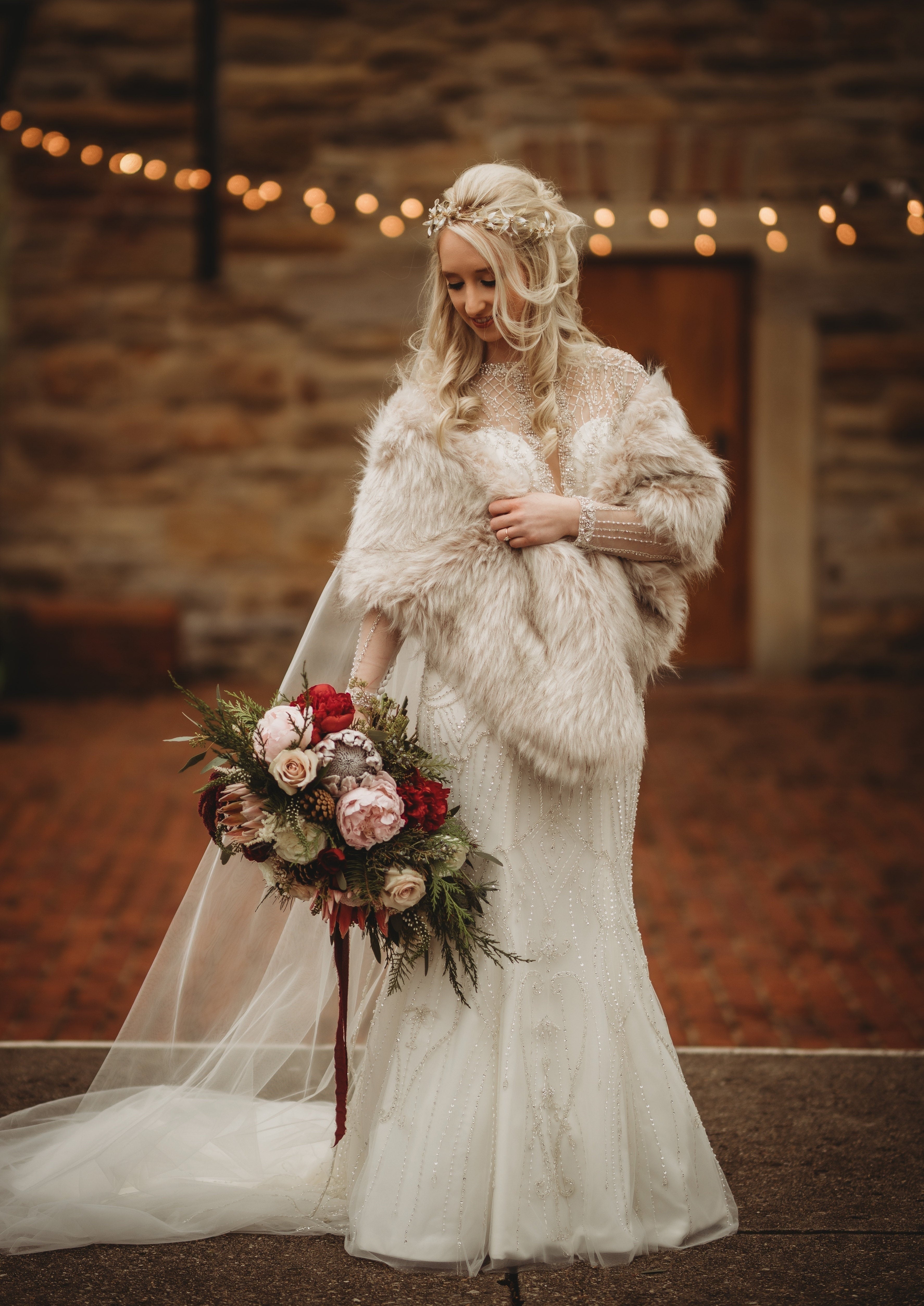 Elegant Blush with Black Tips Bridal Faux Fur Shawl - Lilian Blu02 | Perfect for Weddings, Prom & Winter Events