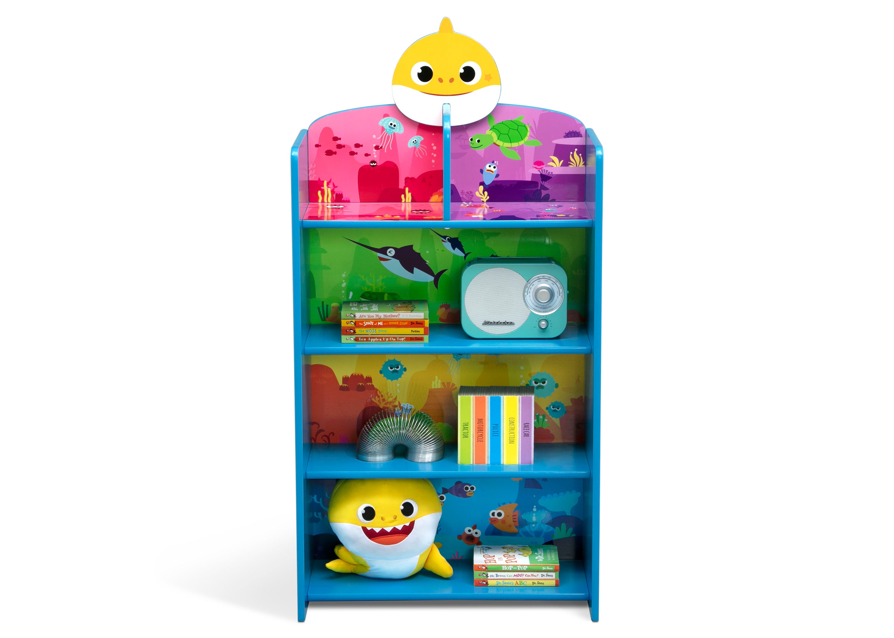 Baby Shark Wooden Playhouse 4-Shelf Bookcase for Kids - Nursery Bookshelf & Toy Storage Organizer for Toddlers' Bedroom & Playroom Decor