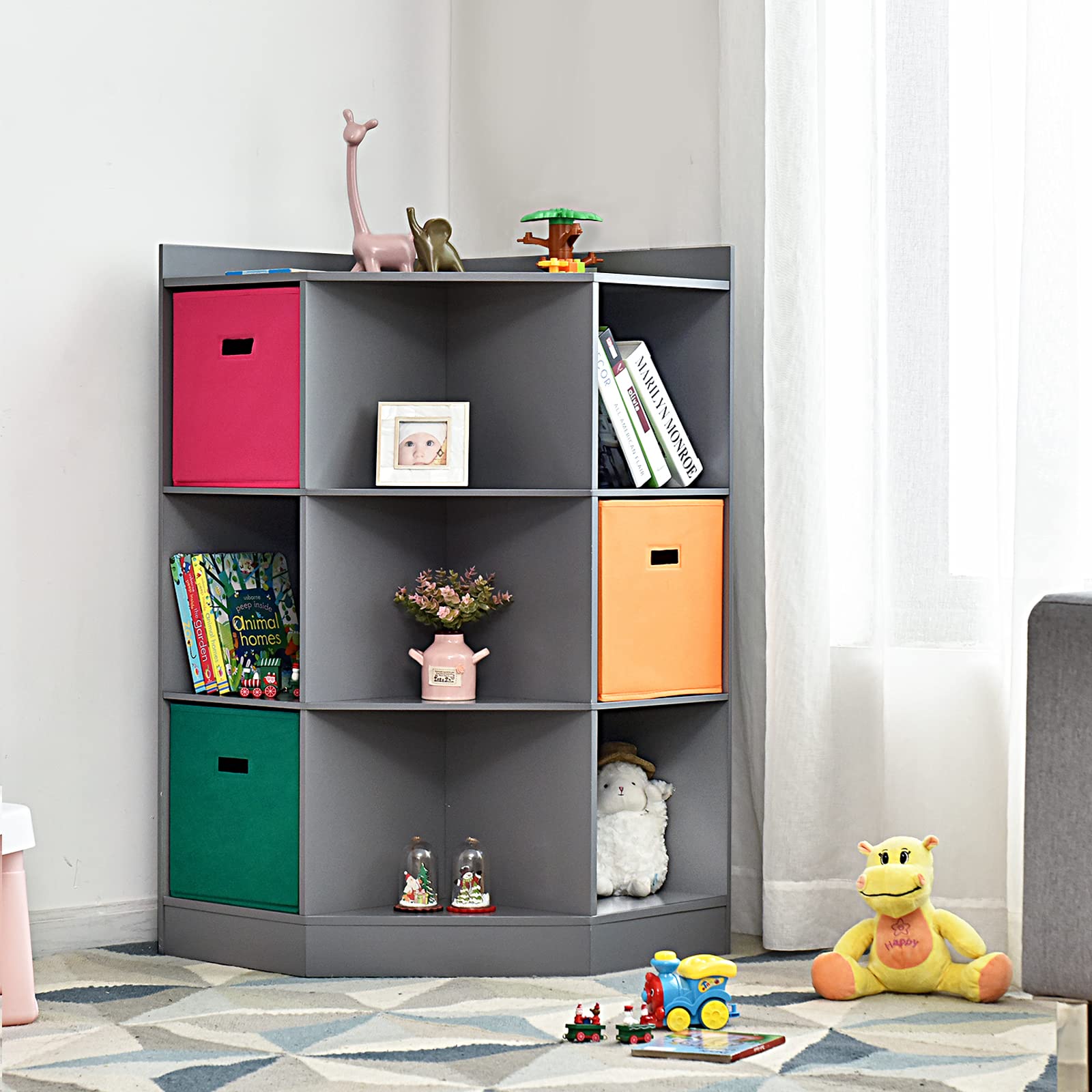 HONEY JOY 9-Cubby Wooden Toy Storage Organizer with Display Shelf & 3 Removable Baskets - Kids Playroom, Bedroom & Nursery Daycare Corner Cabinet (Gray) - Perfect for Organizing Toys, Books & Learning Supplies in Small Spaces