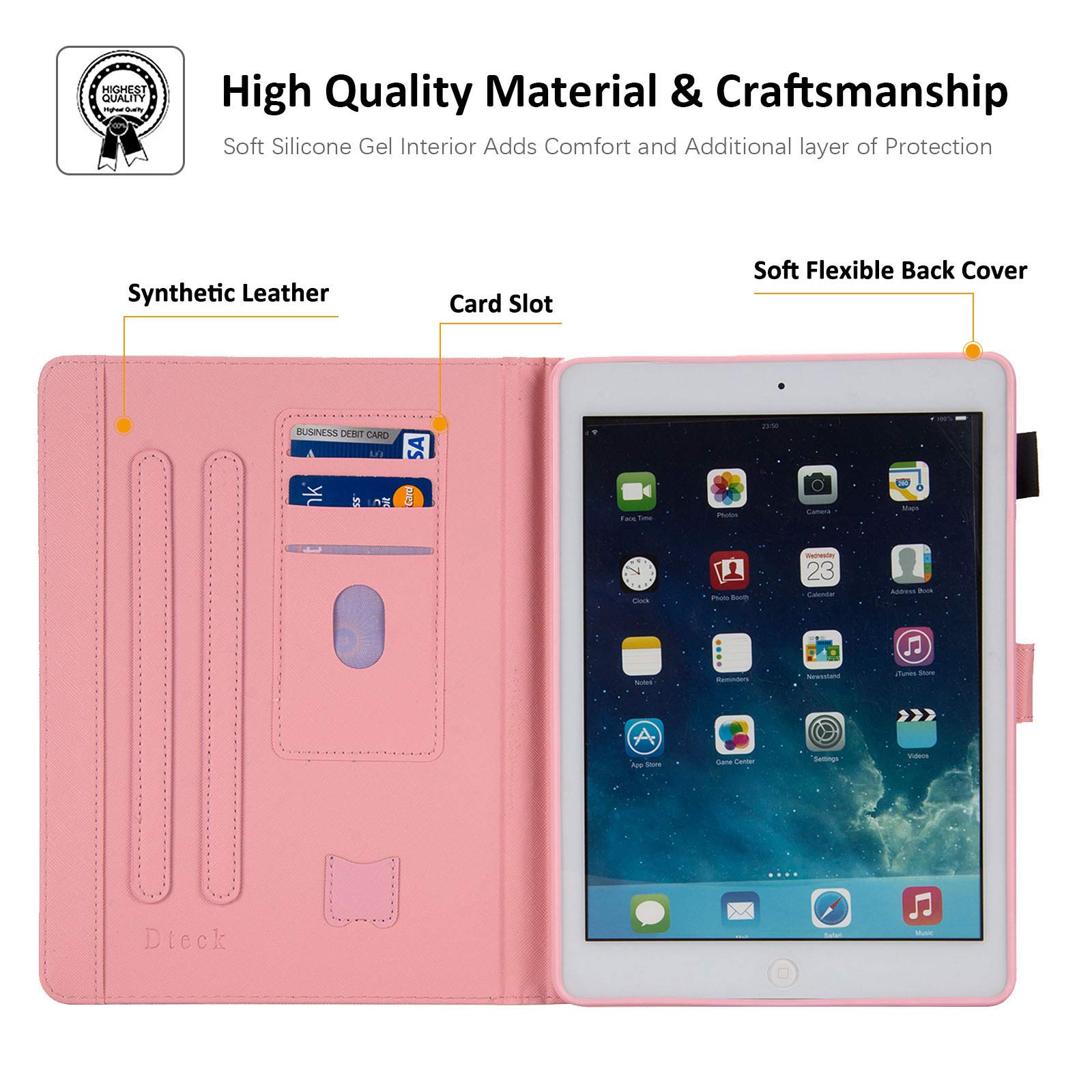 Dteck PU Leather iPad Case for iPad 9.7 inch (2018/2017), iPad Air 1/2, iPad 6th/5th Gen - Auto Sleep/Wake, Multi-Angle Stand, Wallet Folio Cover (Pink Marble) - Perfect for Work, Travel & Home Use