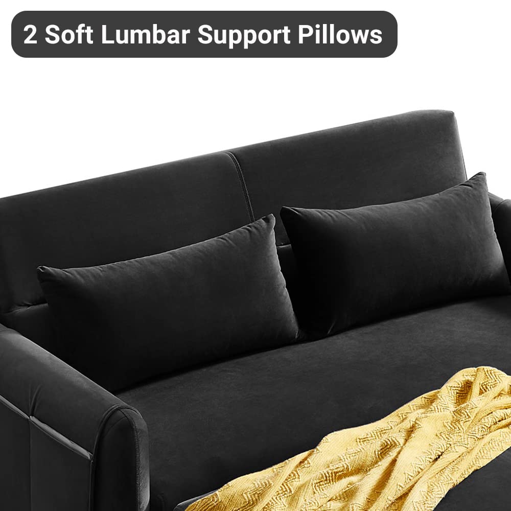 Antetek 55-inch 3-in-1 Convertible Sleeper Sofa Bed - Velvet Loveseat with Pull-Out Bed, Adjustable Backrest, Toss Pillow & Side Pocket - Perfect for Small Spaces, Living Room, Apartment, Dorm (Black) | Space-Saving Multi-Functional Furniture for Guests & Daily Use