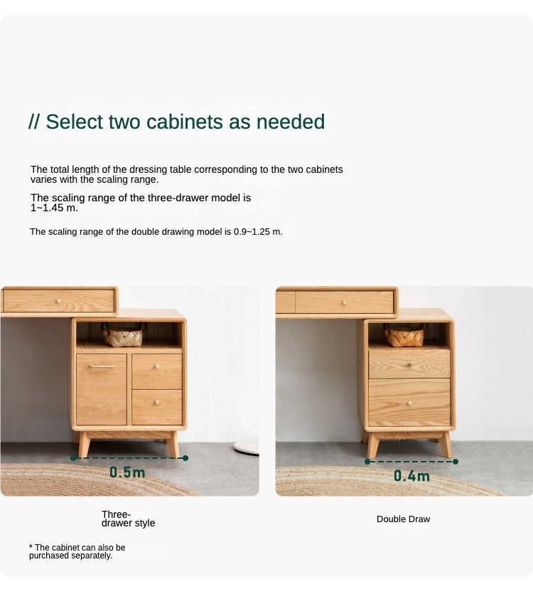 Solid Oak Wood Extendable Vanity Dressing Table with Mirror - Perfect for Bedroom Makeup & Jewelry Storage