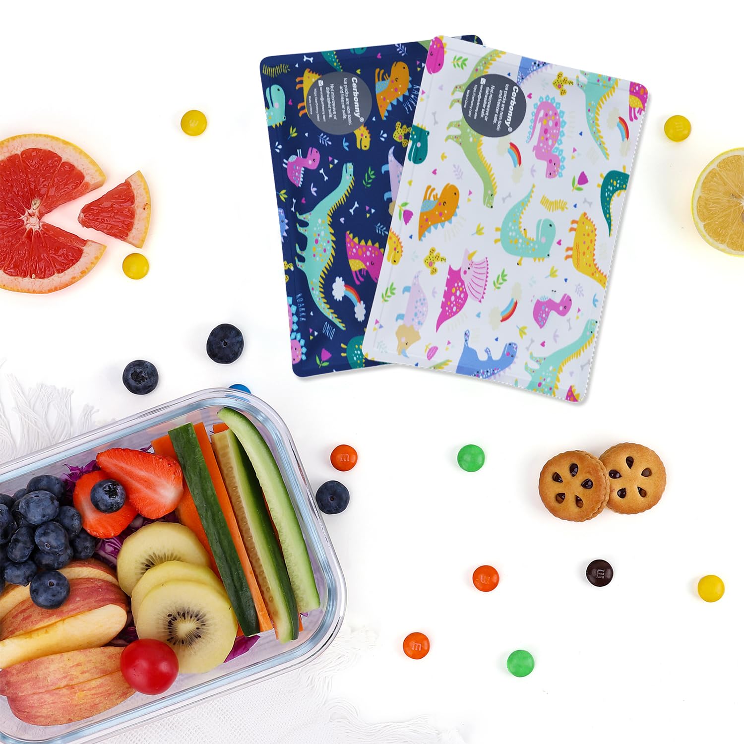 Cerbonny Reusable Ice Packs for Lunch Boxes - 4 Pack Dinosaur Design, BPA Free & Leak Proof Cooling Gel Packs - Perfect for Kids Lunch Bags, Picnics, Camping & Keeping Food Fresh All Day