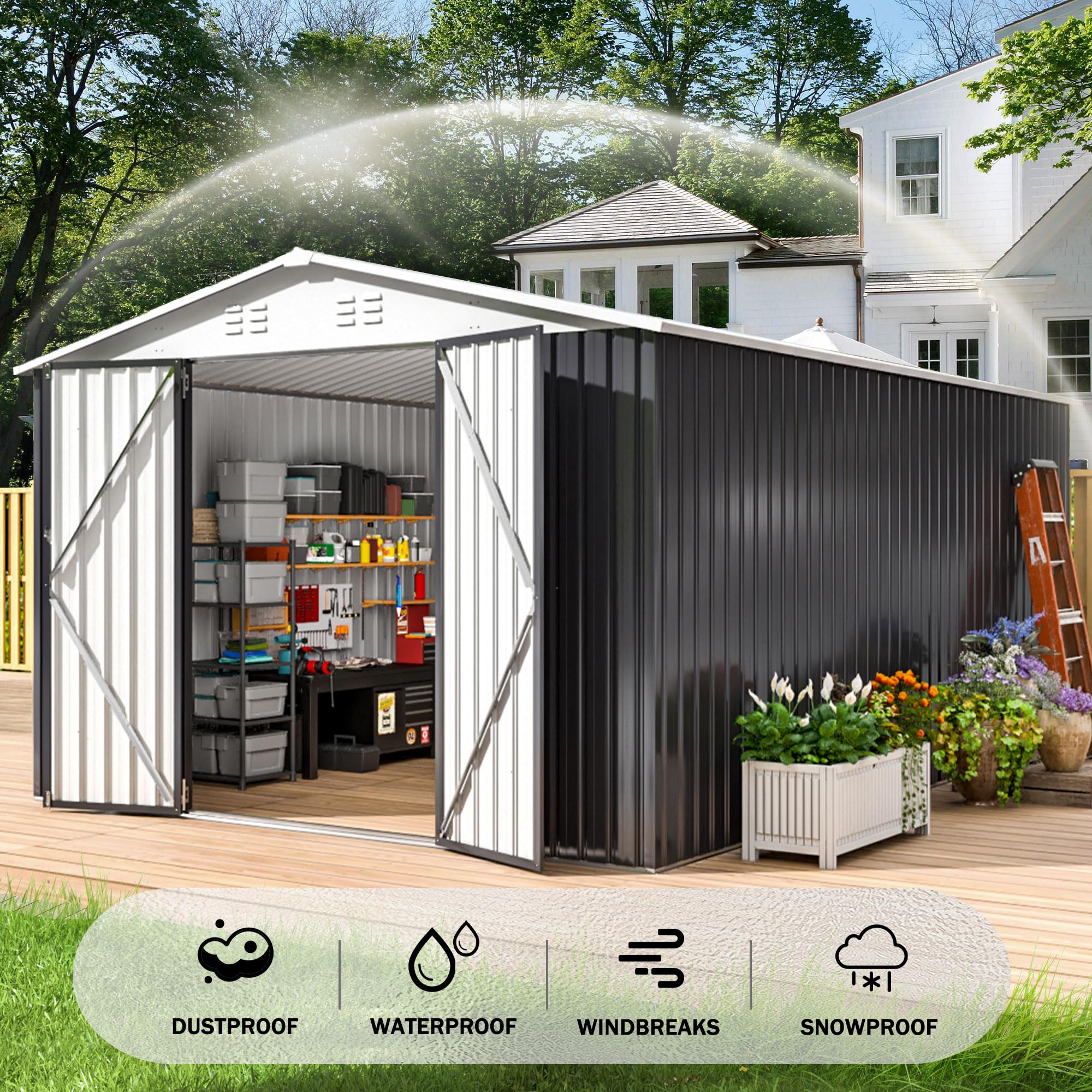 Polar Aurora 10x14 FT Outdoor Storage Shed - Heavy Duty Metal Garden Shed with Reinforced Frame Structure - Weather Resistant Tool Shed for Backyard, Garden, Patio & Lawn (White) - Perfect for Storing Lawn Mowers, Gardening Tools & Outdoor Equipment