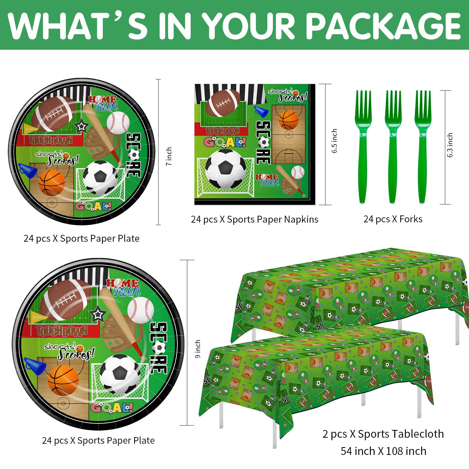 Xigejob Sports Theme Birthday Party Supplies - 24-Pack Plates, Cups, Napkins, Tablecloth & Forks Set | Soccer Basketball Baseball Football Decorations | Perfect for Sports Themed Parties, Game Nights & Team Celebrations