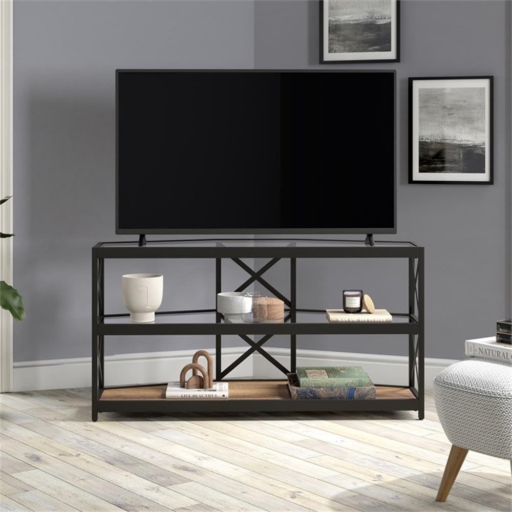 Modern Celine Hexagonal TV Stand with MDF Shelves for 55 Inch TVs - Blackened Bronze & Rustic Oak Finish | Perfect for Living Room, Bedroom, or Home Theater Setup