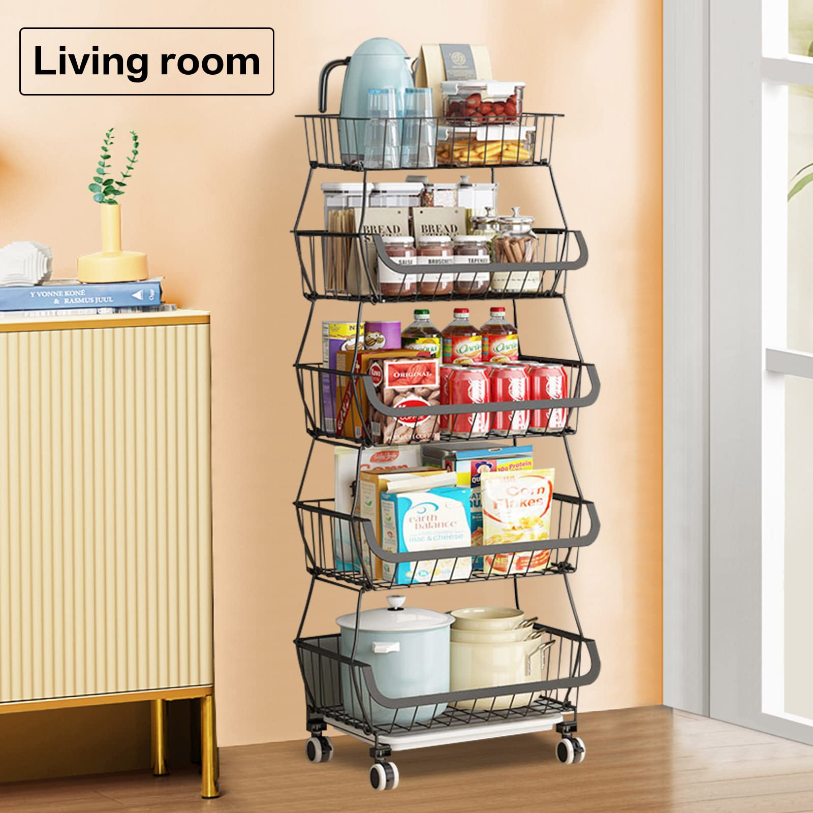 5 Tier Stackable Metal Wire Fruit and Vegetable Basket Organizer - Kitchen Storage Stand for Onions, Potatoes, Produce - Black | Perfect for Pantry, Countertop, and Farmers Market Display