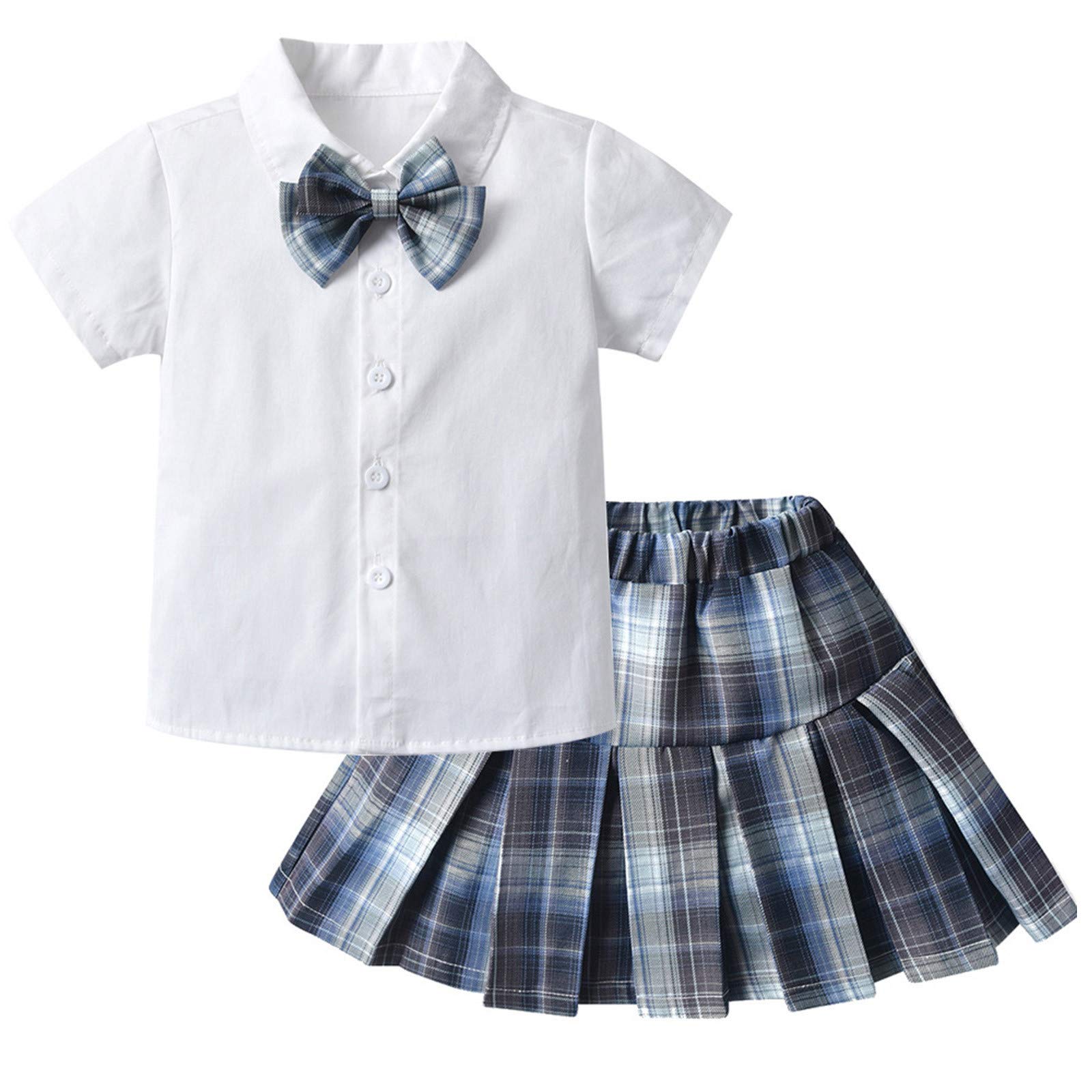 Adorable Toddler Girls Plaid Pleated Skirt & Short Sleeve Top Outfit Set - School Uniform, Playdate & Party Dress Up Clothes