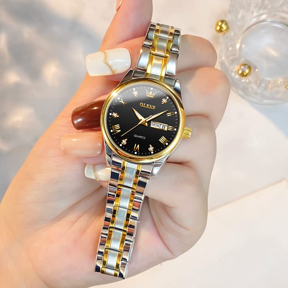 OLEVS Women's Gold Stainless Steel Waterproof Analog Quartz Watch with Date Day - Small Face Fashion Watch for Ladies with Gold, Black & White Dials - Perfect for Work, Parties & Everyday Wear
