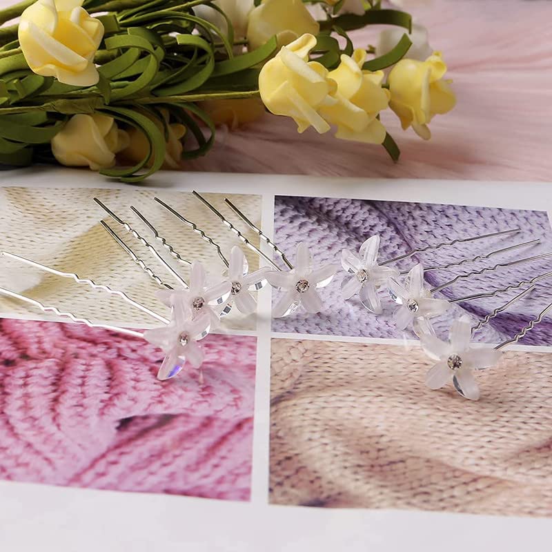 12Pcs White Rhinestone Flower Hair Pins for Brides - U-Shaped Wedding Hair Accessories for Women | Perfect for Bridal Bouquets, Updos & Special Occasions