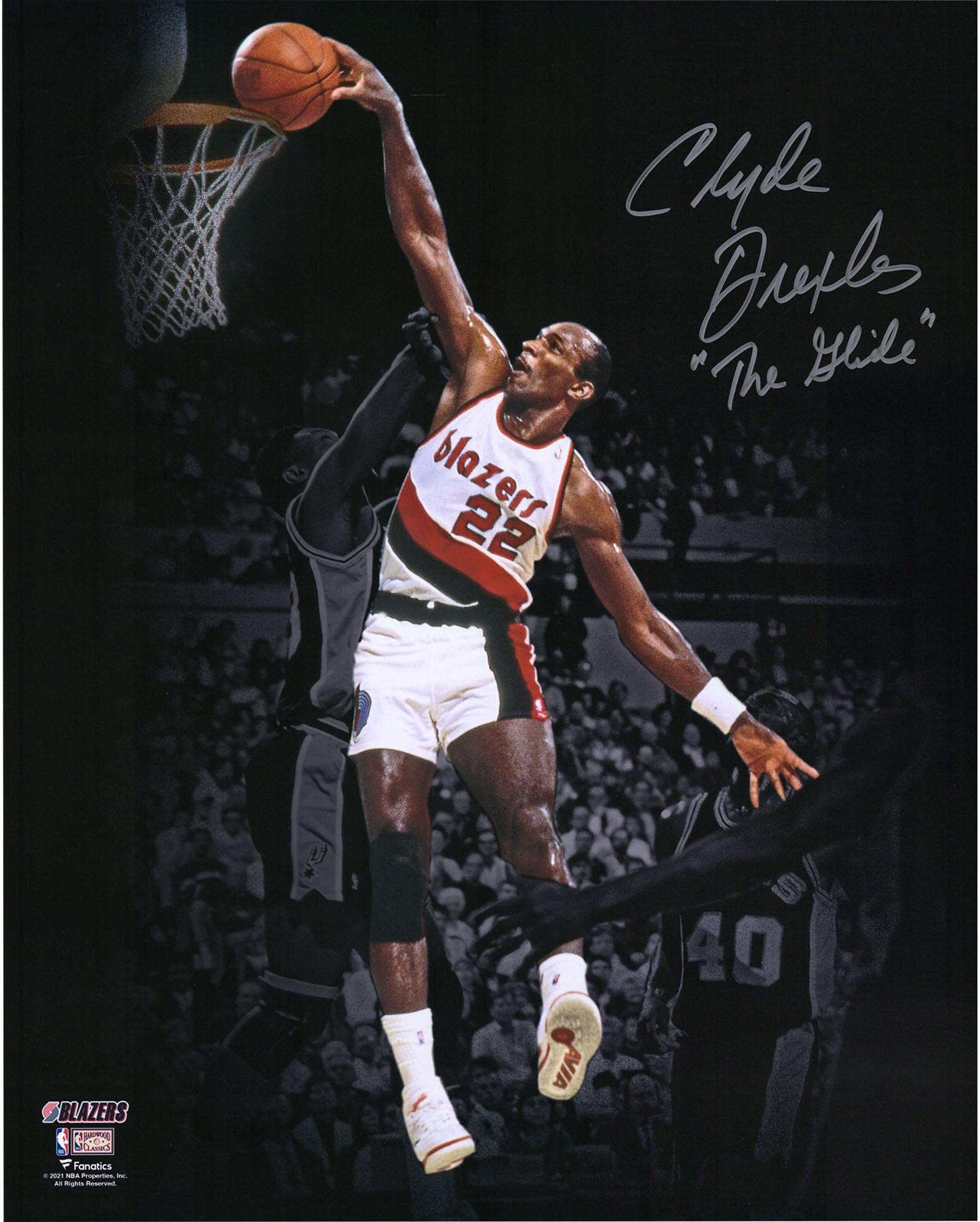 Clyde Drexler Autographed 16x20 NBA Photo - Portland Trail Blazers Dunk vs Spurs with 'The Glide' Inscription - Signed Basketball Memorabilia for Sports Fans & Collectors - Perfect for Man Cave, Game Room or Office Decor