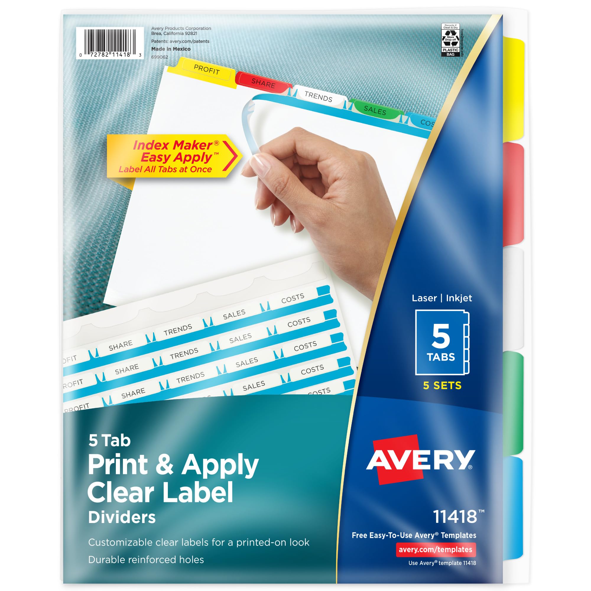 Avery 5 Tab Dividers for 3 Ring Binder - Easy Print & Apply Clear Label Strips, Customizable Multicolor Index Tabs, 5 Sets (11418) - Perfect for Office Organization, School Projects & Document Filing
