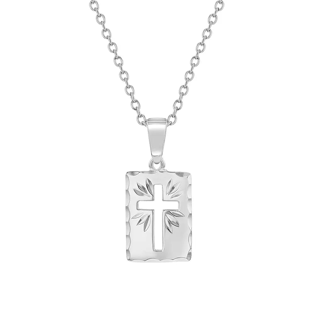 Kids' Sterling Silver Short Rectangle Medallion Cutout Cross Pendant Necklace - Perfect for Baptism, First Communion & Religious Gifts