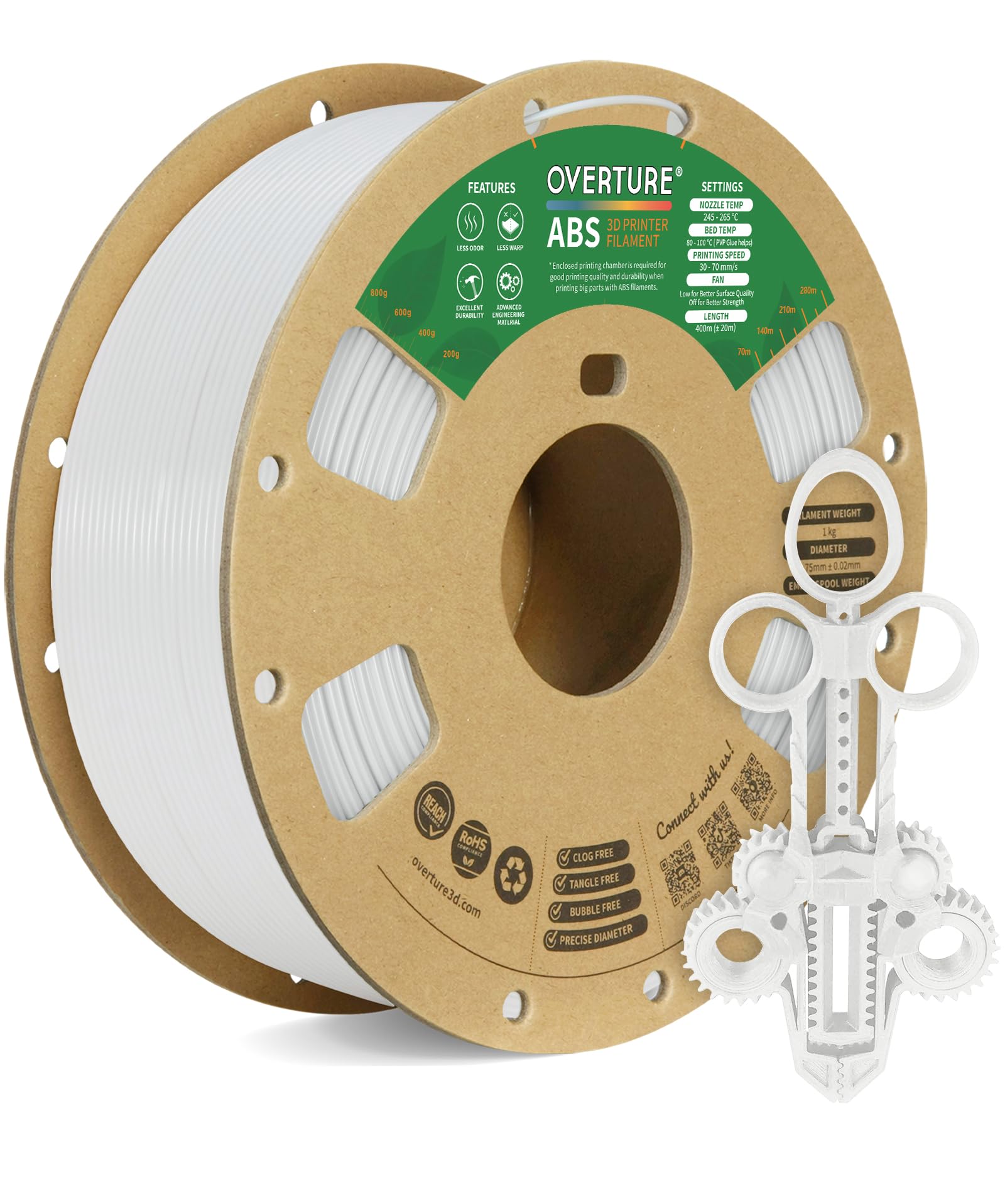 Overture ABS Filament 1.75mm 1kg Spool (2.2lbs) - High Precision 3D Printer Filament with +/- 0.02mm Dimensional Accuracy - Compatible with Most FDM Printers - White (1-Pack) - Perfect for DIY Projects, Prototyping & Home 3D Printing