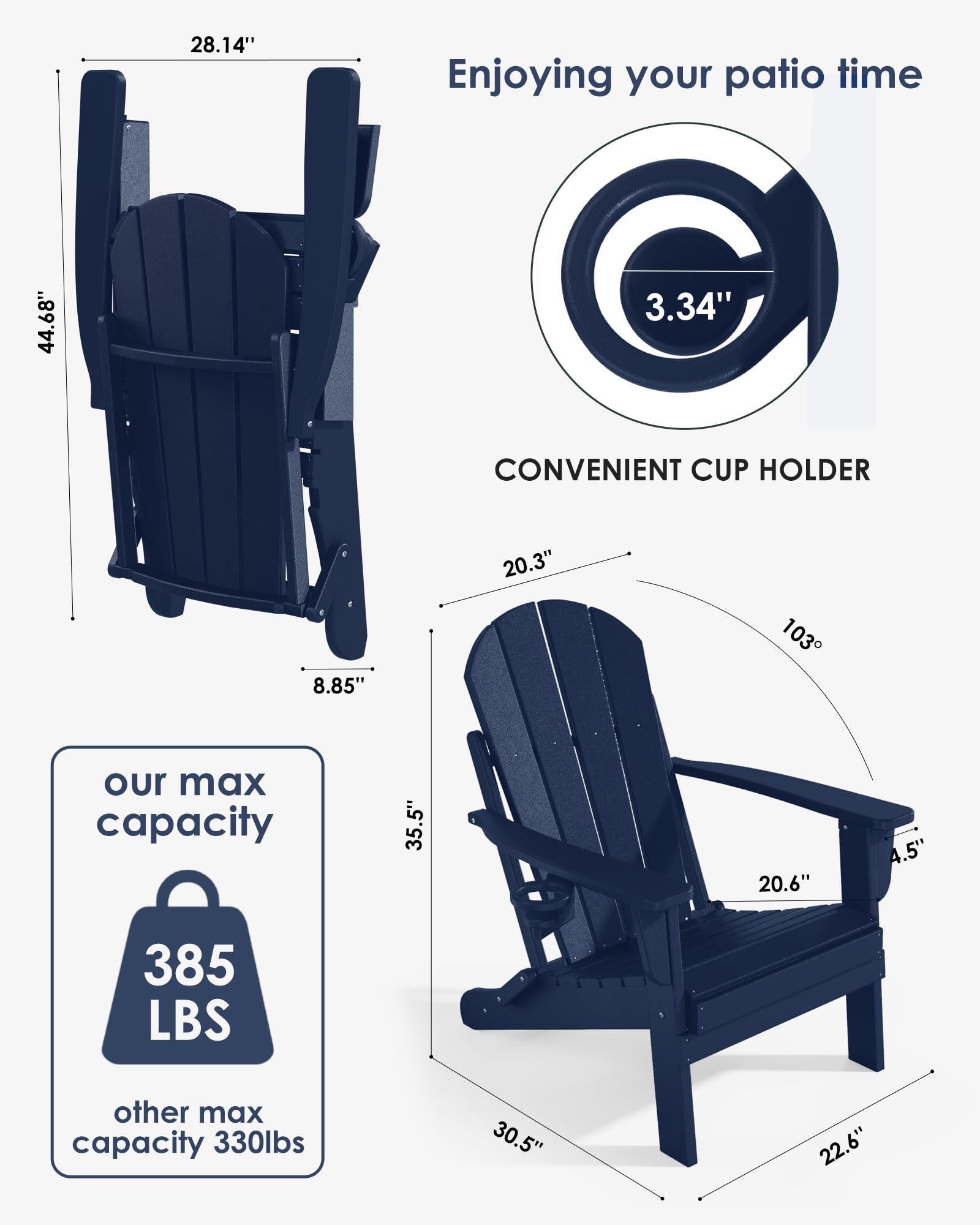 2-Pack Folding Adirondack Chairs - All-Weather HDPE Outdoor Patio Chairs with Cup Holder - Heavy Duty 385lb Capacity - Navy Blue - Perfect for Backyard, Poolside, Camping & Firepit Relaxation