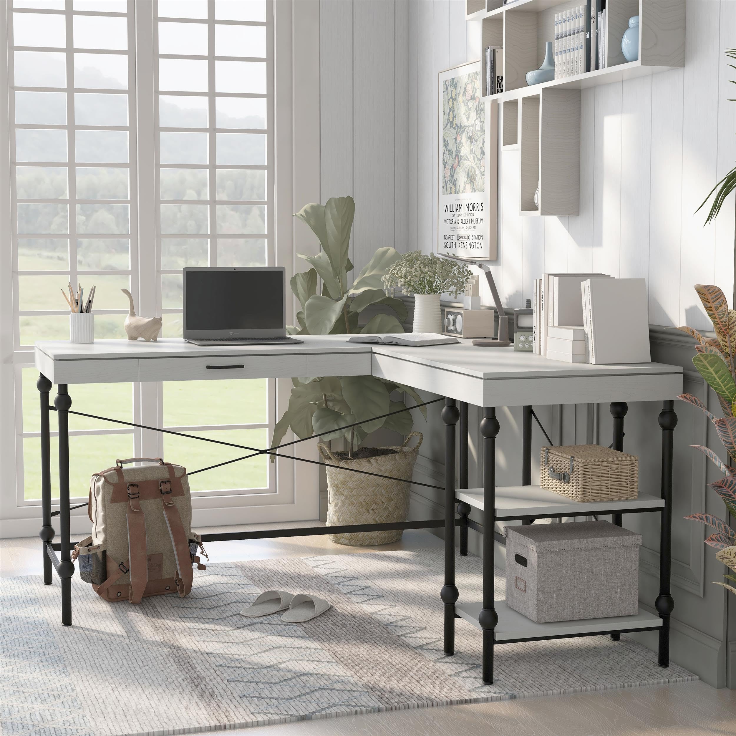 Antique White L-Shaped Wooden Desk by Furniture of America - Home Office Desk with Storage Shelf, Perfect for Small Spaces & Workstations