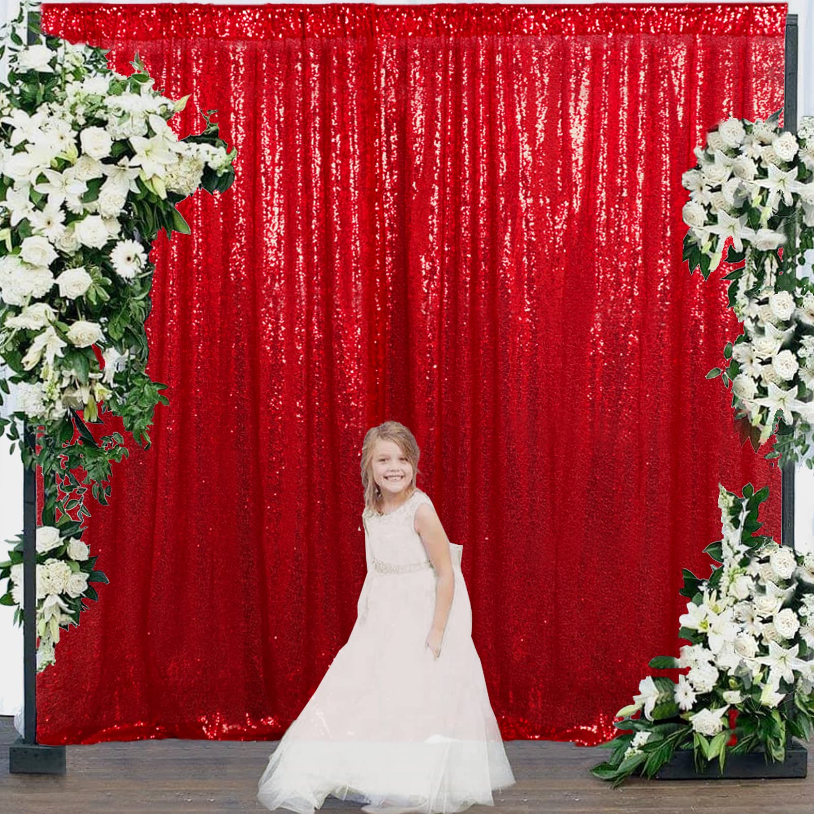 Partisout 8ftx8ft Red Sequin Curtain Backdrop - Sparkling Party, Wedding, Photo Booth & Event Decor - Glittering Sequin & Shimmer Background for Celebrations