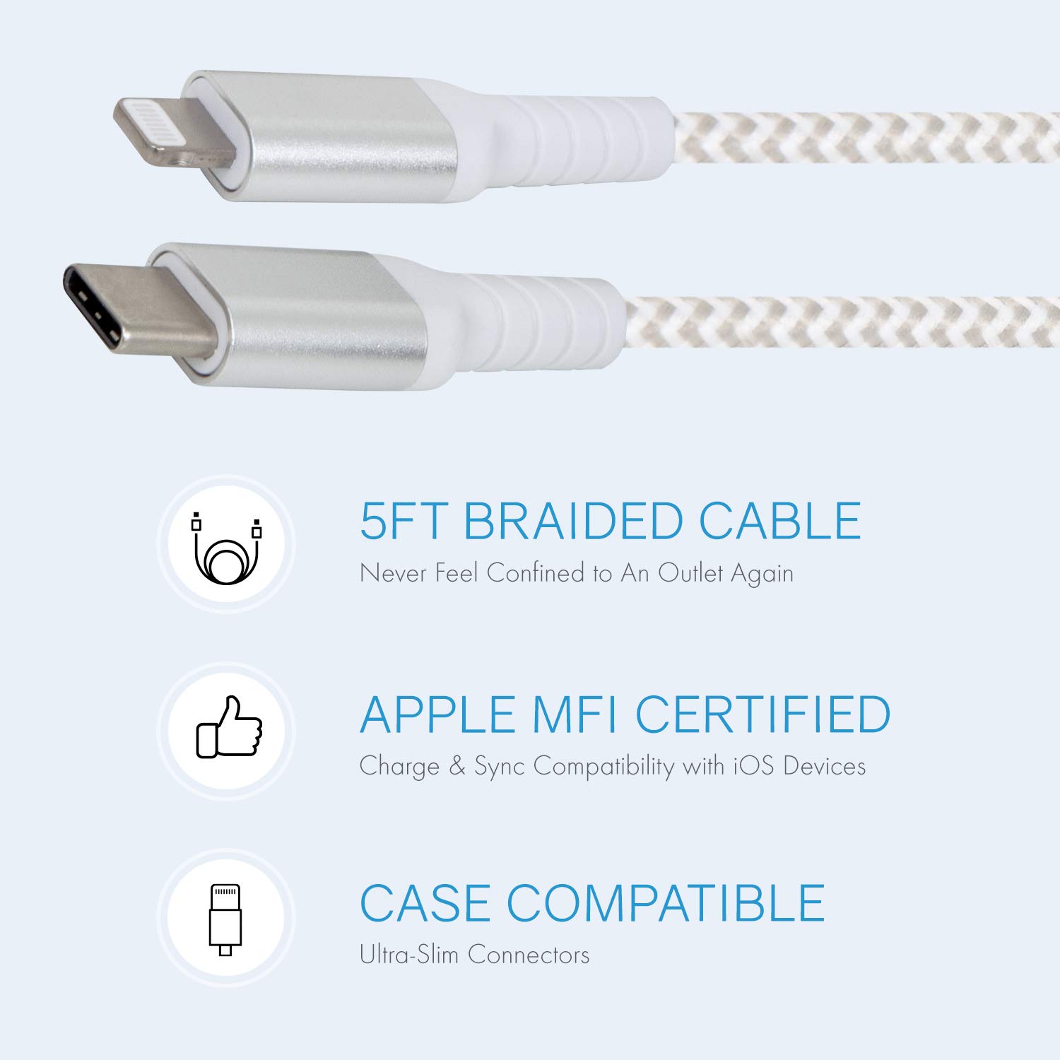 MFi Certified USB-C to Lightning Cable - Nylon Braided Fast Charging Cord for iPhone 12/13/14/15, iPad & AirPods - Durable White Charger Cable for Home, Office & Travel
