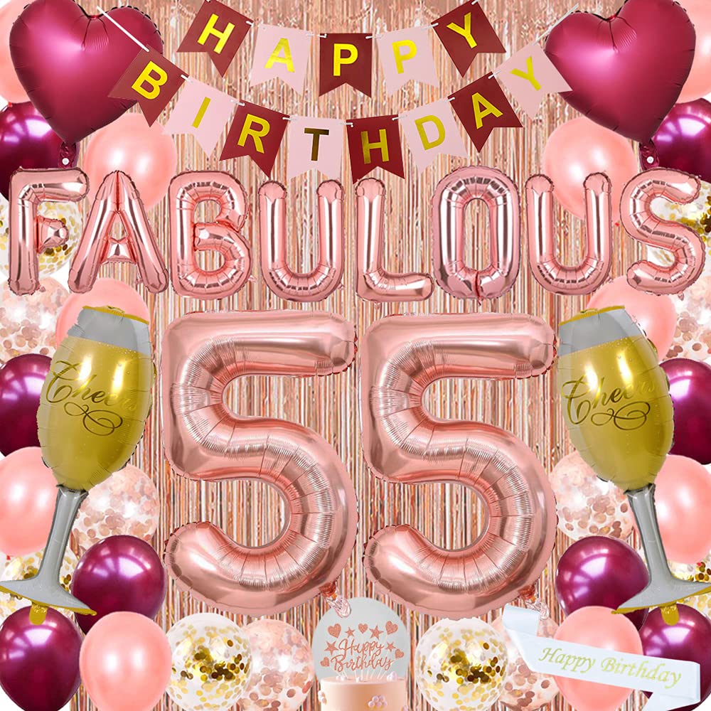 **55th Birthday Party Decorations for Women - Burgundy & Pink Happy Birthday Banner, Cake Topper, Confetti, Rose Gold Foil Number 55, 16