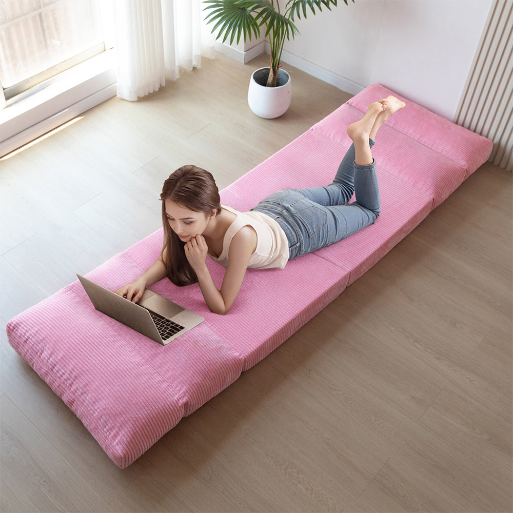 MAXYOYO Folding Sofa Bed - Extra Wide Corduroy Floor Bed in Pink | Convertible Sleeper for Small Spaces, Guest Room & Dorm | Comfortable Lounge Chair for Living Room, Bedroom & Office